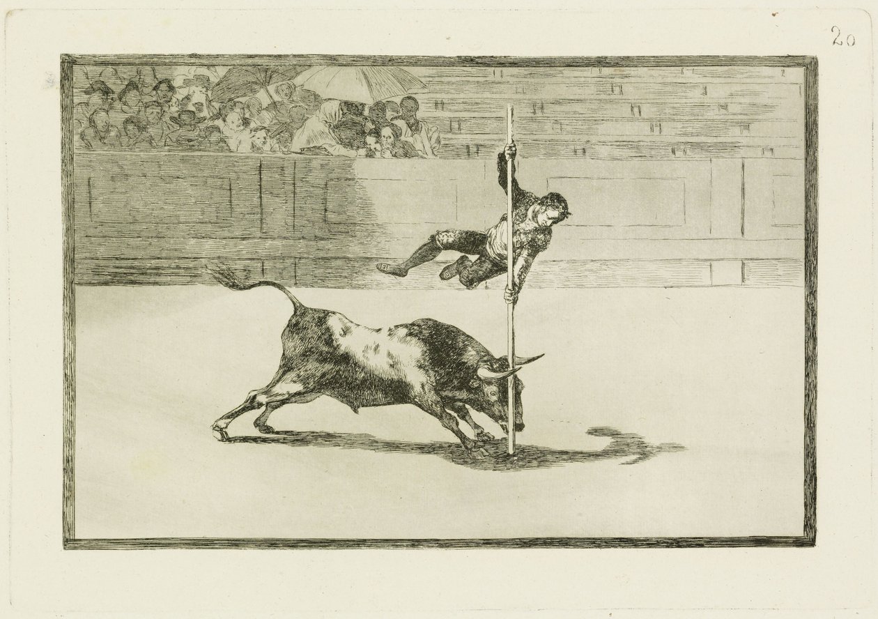 Juanito Apinianin ketteryys ja rohkeus Madridin areenalla / Juanito Apinianin ketteryys ja rohkeus Madridin areenalla (Tauromaquia 20) tekijältä Francisco Jose de Goya y Lucientes