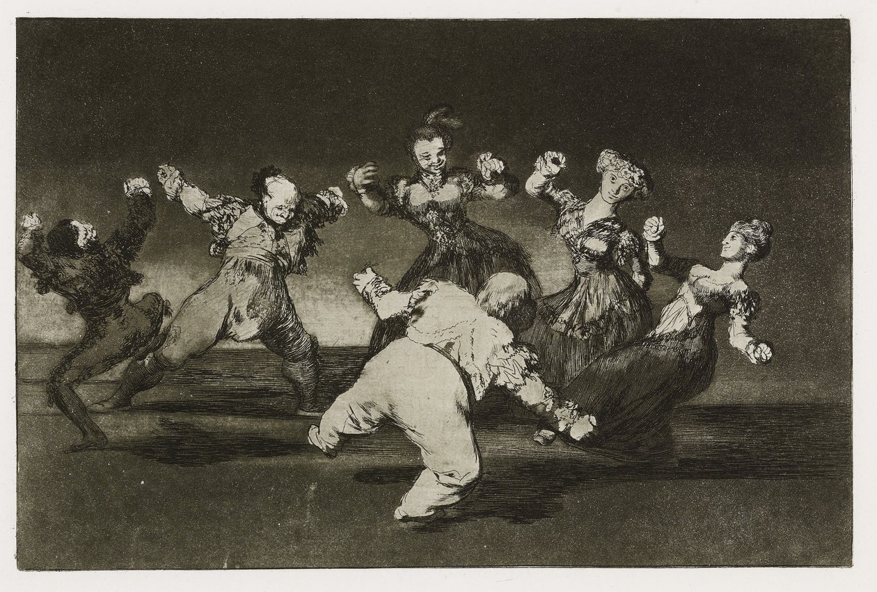 Merry Folly (Disparate alegre), levy 12 "Los Proverbiosista", n. 1819-24 (etsaus, akvatinta, lavis, kiillotuskone, kuivakärki ja poltto paperille) tekijältä Francisco de Goya