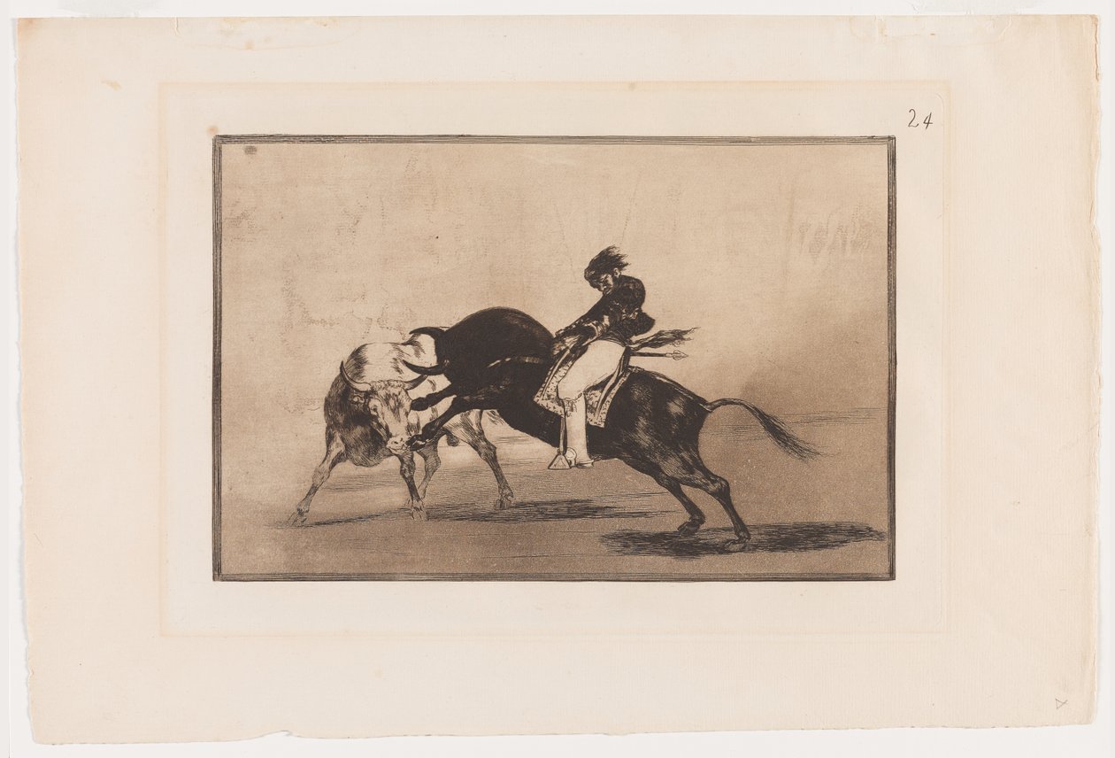 La Tauromaquian levy 24: Sama Ceballos asennettuna toiseen härään Short Spears in the Ring Madridissa tekijältä Francisco Jose de Goya y Lucientes