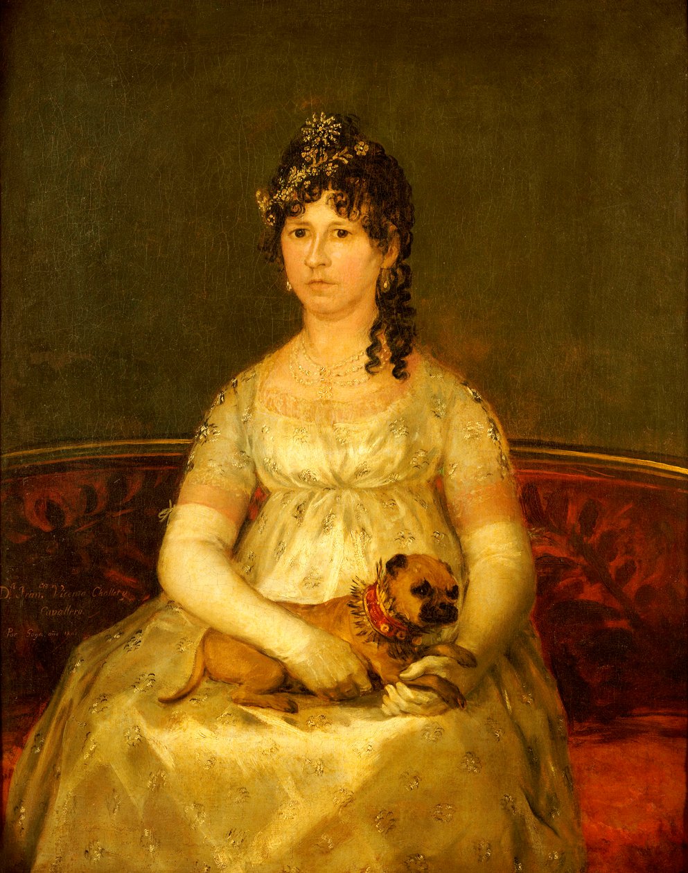 Dona Francisca Vicenta Chollet y Caballeron muotokuva, istuva, kolme neljäsosaa, sylikoira, 1806 tekijältä Francisco de Goya
