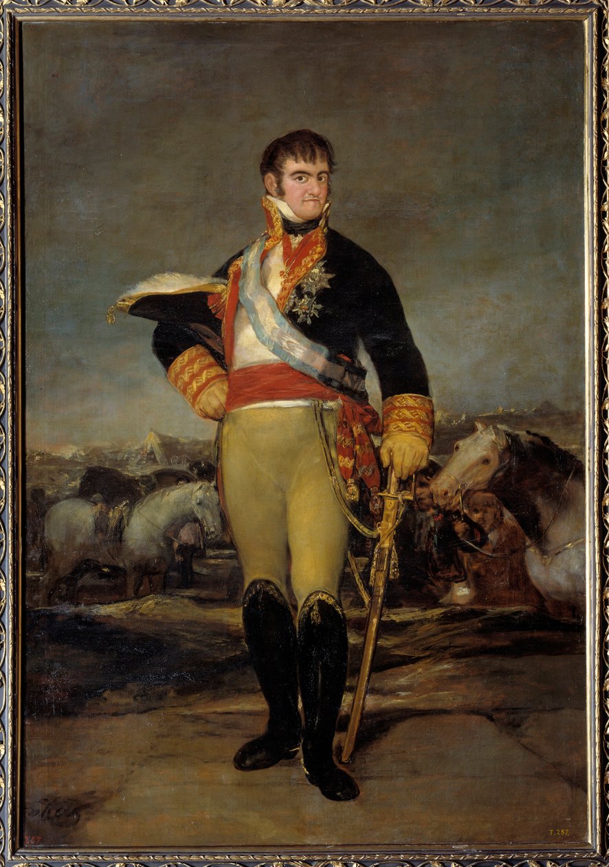Muotokuva kuningas Ferdinand VII:stä (1784-1833) sotilasasussa leirillä. Francisco de Goya y Lucientesin (1746-1828) maalaus. 1800-luvun aurinko. 2,07 x 1,4 m Madrid. Musee du Prado - Kuningas Ferdinand VII:n (1784-1833) muotokuva sotilasunivormussa tekijältä Francisco de Goya