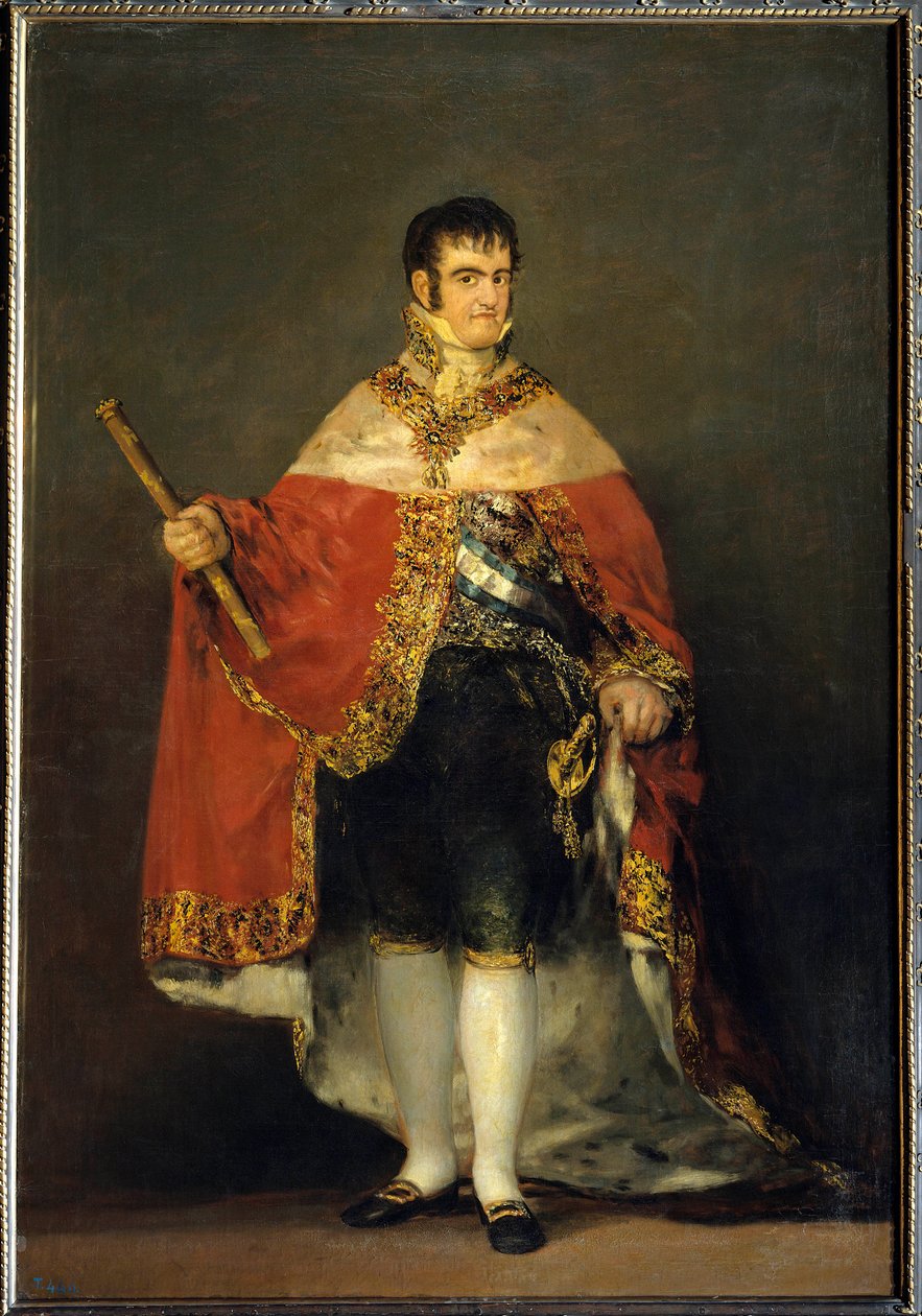 Kuningas Ferdinand VII:n (1784-1833) muotokuva kuninkaallispuvussa. Noin 1815. Madrid. Musee du Prado - Kuningas Ferdinand VII:n (1784-1833) muotokuva kuninkaallisen vaipan kanssa. Francisco de Goyan ja Lucientsin maalaus tekijältä Francisco de Goya