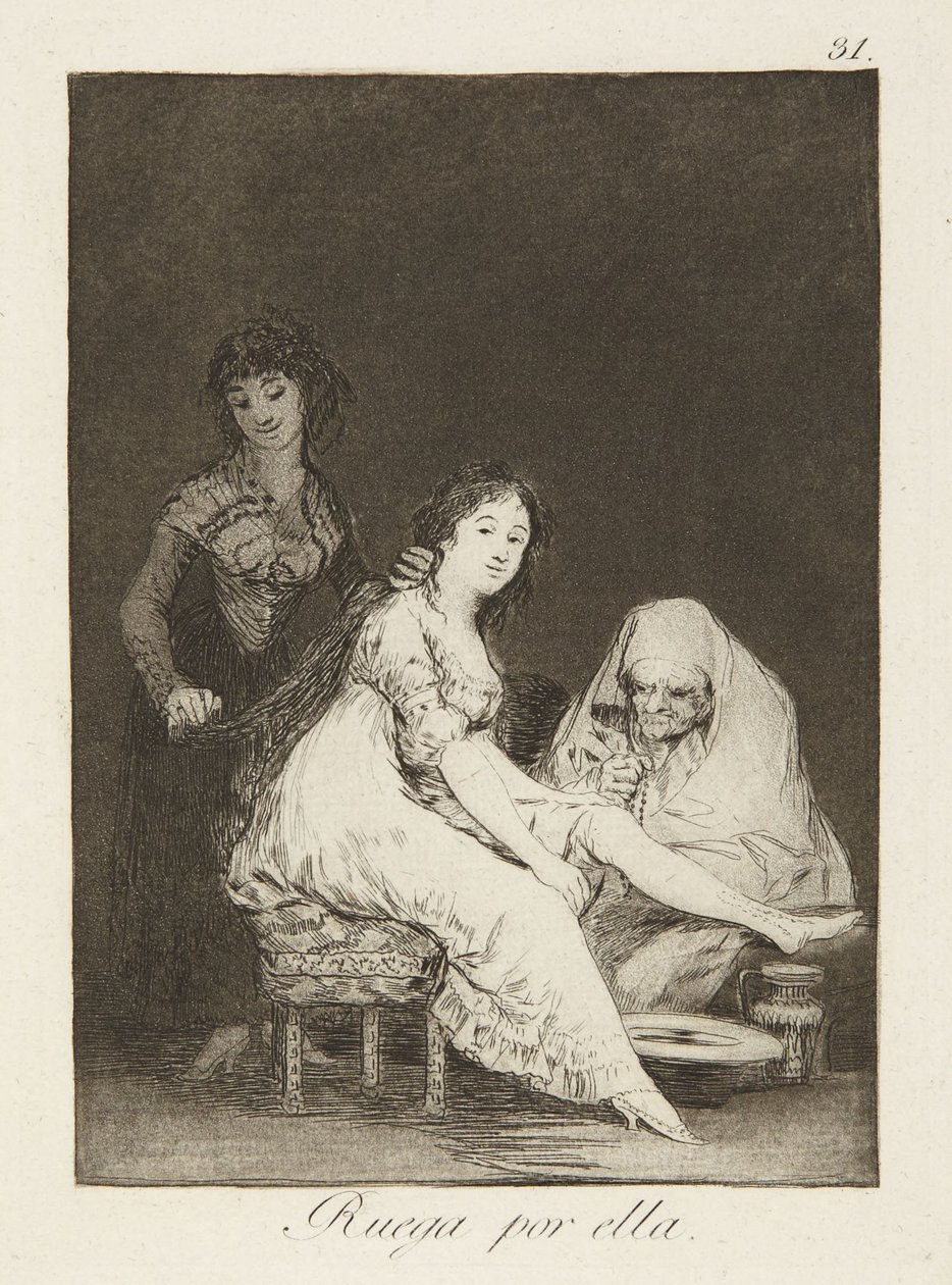 Rukoile hänen puolestaan (She prays for her), kuva 31 teoksesta Los Caprichos tekijältä Francisco Jose de Goya y Lucientes