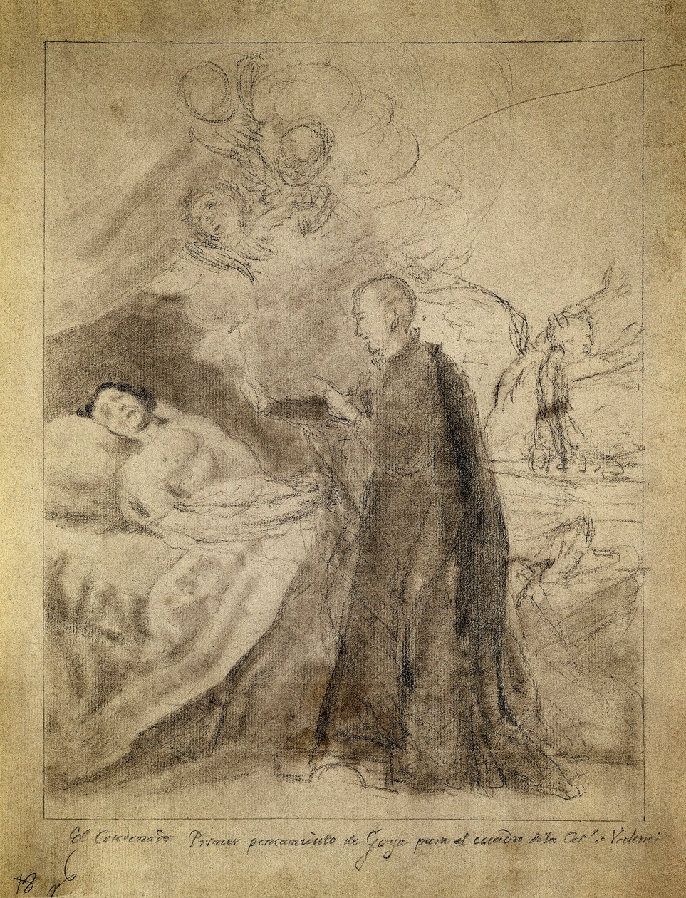 Saint Francois (Francis) Borgia (1510-1578) kuolevan katumattoman sängyn vieressä. Piirustus 1788, Francisco de Goya y Lucientes (1746-1828). Luonnos samannimiseen maalaukseen Ausunan perheen tilauksesta. Prado-museo, Madrid. tekijältä Francisco Jose de Goya y Lucientes