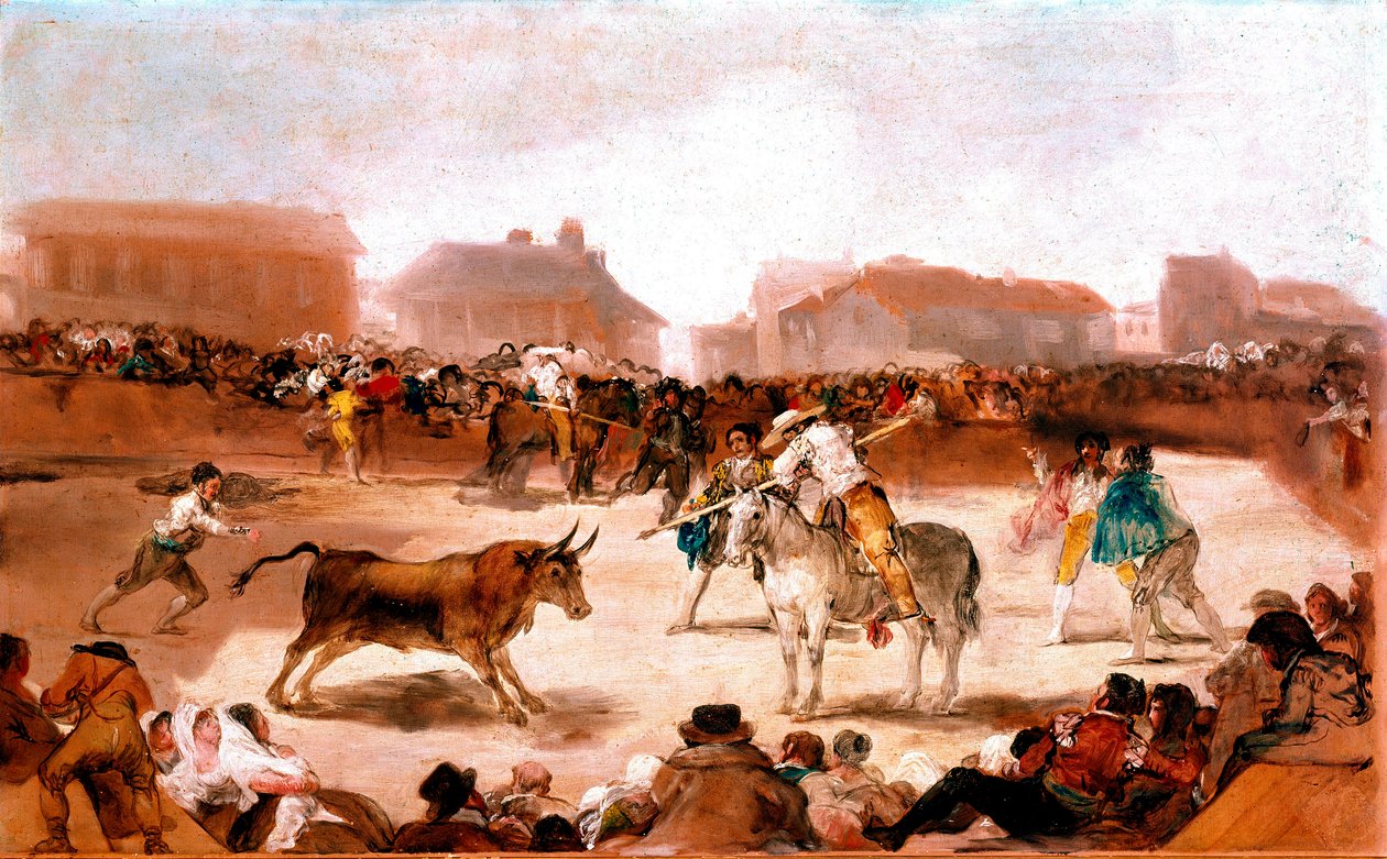 San Fernandon akatemian sosiaaliset aiheet: "" Juoksemassa kylässä"" Francisco Goyan ja Lucientesin (1746-1828) maalaus 1812-1814 Dim. 45x72 cm Madrid, San Fernandon akatemia tekijältä Francisco de Goya