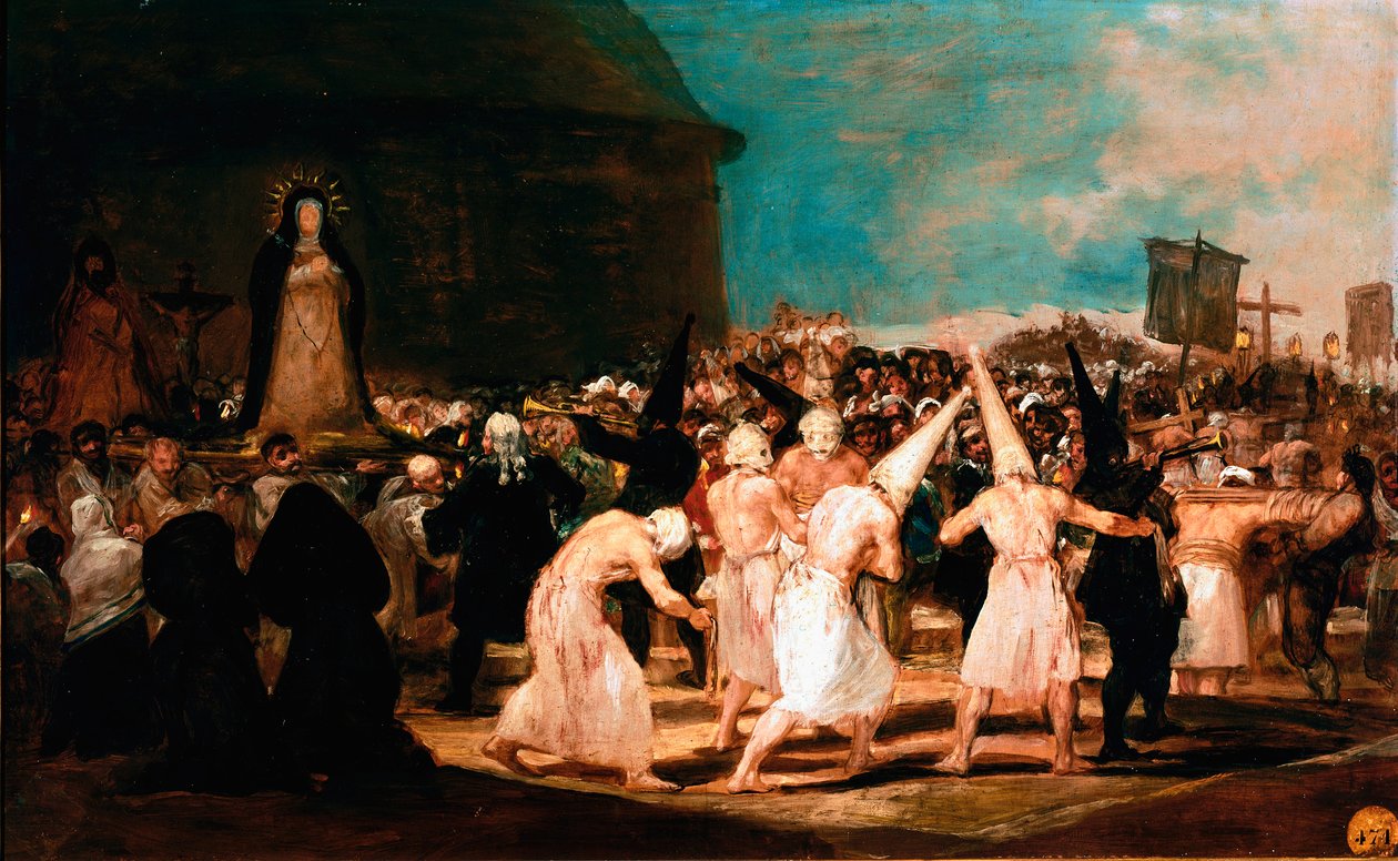 San Fernandon akatemian yhteiskunnalliset aiheet: "" Liputuskulkue kylässä"" Francisco Goya y Lucientesin (1746-1828) maalaus 1812-1814 Dim. 45x72 cm Madrid, San Fernandon akatemia tekijältä Francisco de Goya