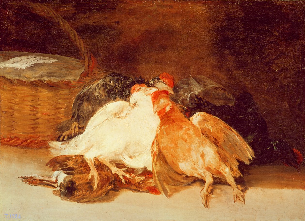 Asetelma kuolleilla kanoilla ja pajukori (öljy kankaalle) tekijältä Francisco de Goya