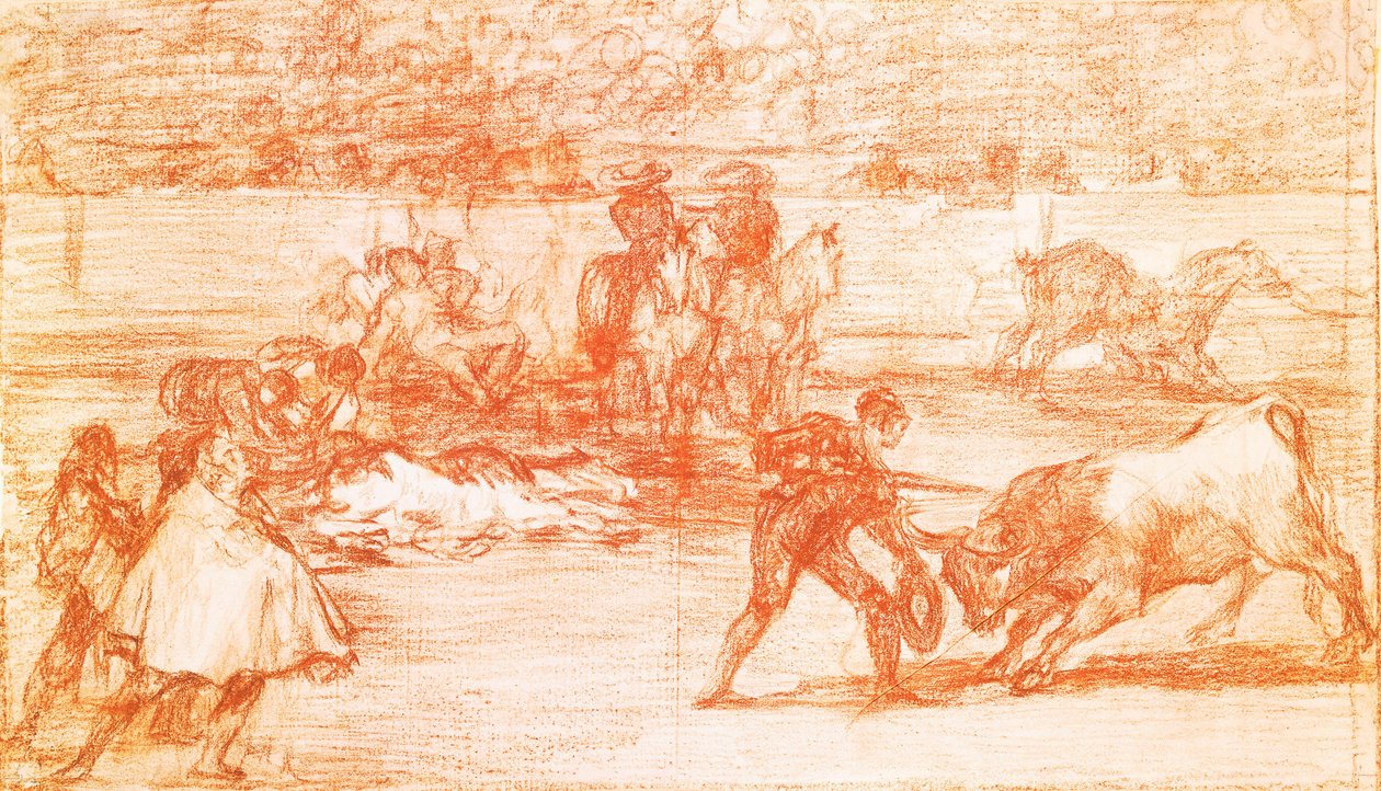 Tauromachie: härkätaistelija valmistautuu taistelemaan chapeaussa muletin paikalla. Francisco de Goya y Lucientes (1746-1828) Dessin a la sanguine. 1815-1816. Madrid. Musee du Prado tekijältä Francisco Jose de Goya y Lucientes