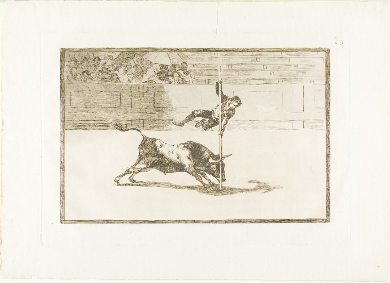 Juanito Apinanin ketteryys ja rohkeus kehässä Madridissa, levy 20 The Art of Bullfightingista tekijältä Francisco Jose de Goya y Lucientes