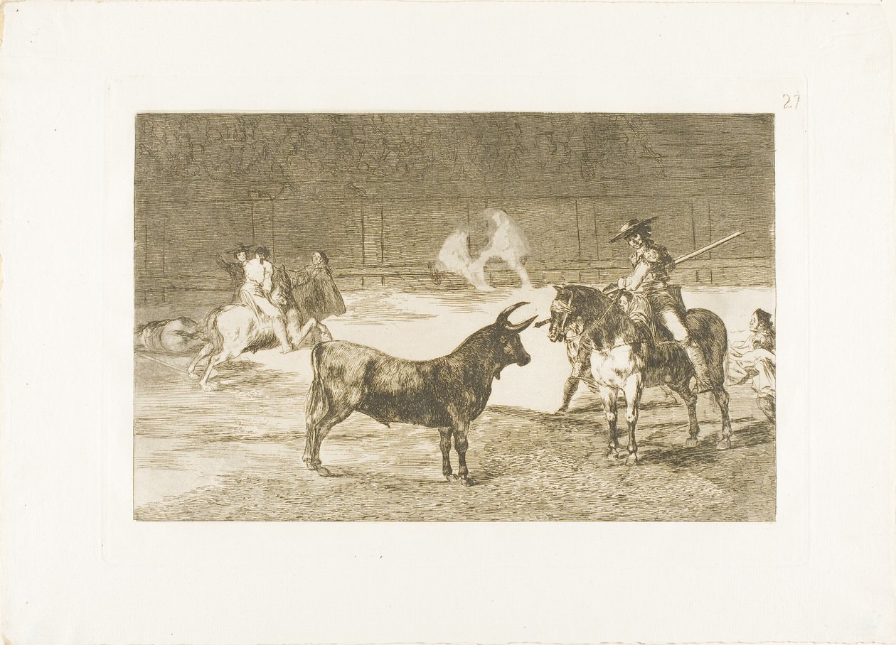 Juhlittu Picador, Fernando del Toro, vetää kiihkeän pedon piquellään, levy 27 elokuvasta The Art of Bullfighting tekijältä Francisco Jose de Goya y Lucientes