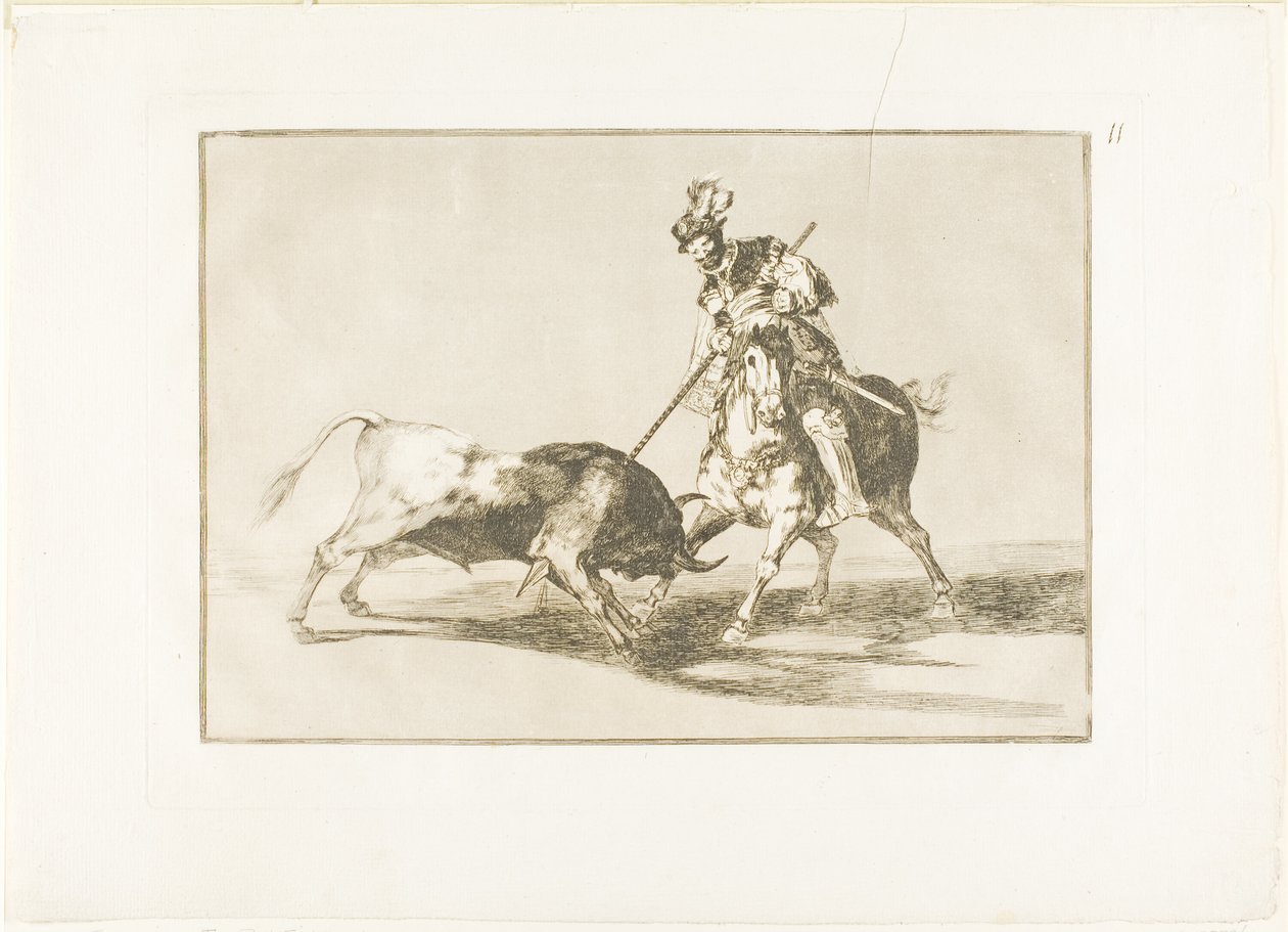 Cid Campeador keihäämässä toista härkää, yksitoista levy The Art of Bullfightingista tekijältä Francisco Jose de Goya y Lucientes