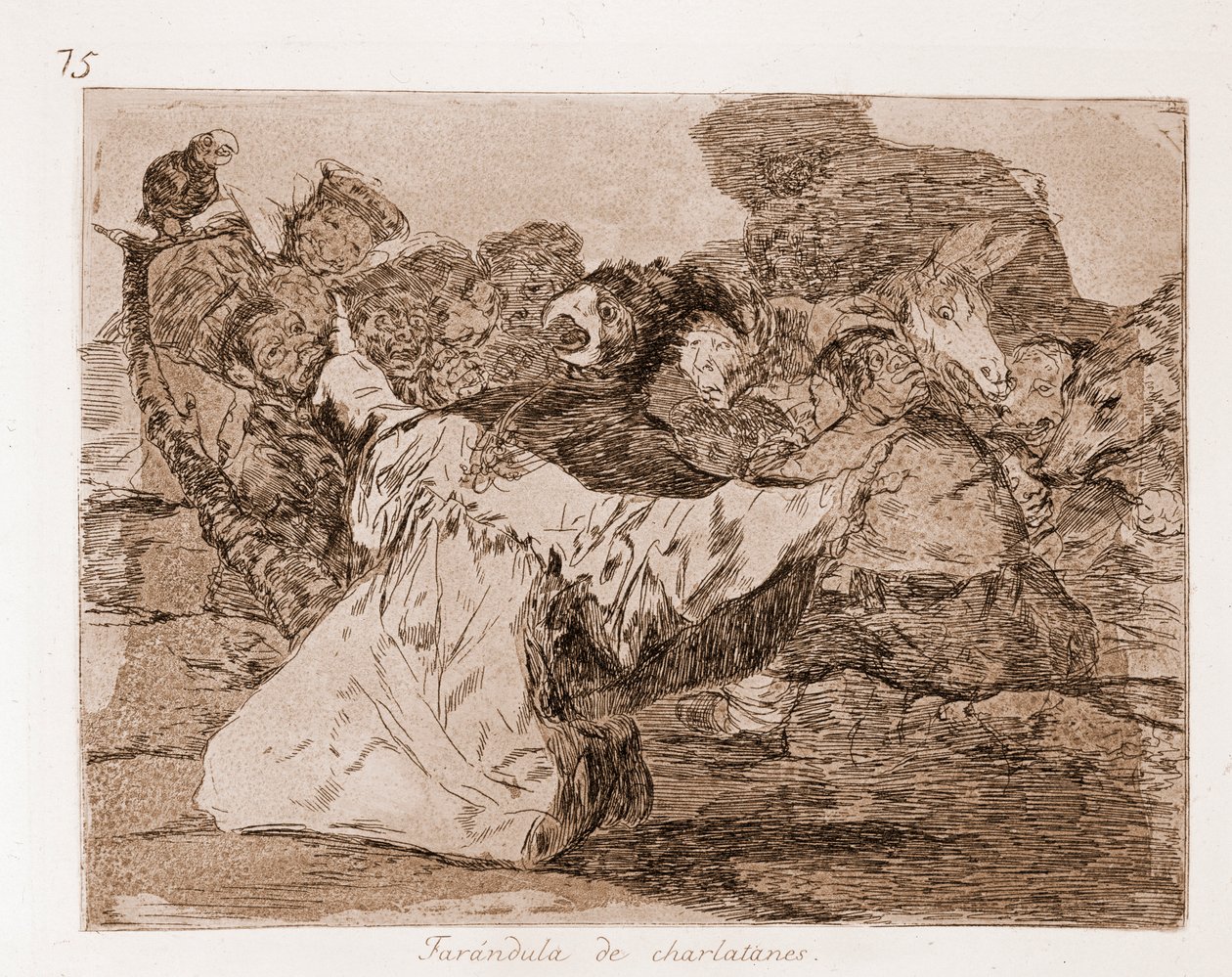 The Disasters of War : Charlatans Farandole (etsaus valmistelevasta piirroksesta tekijältä Francisco de Goya