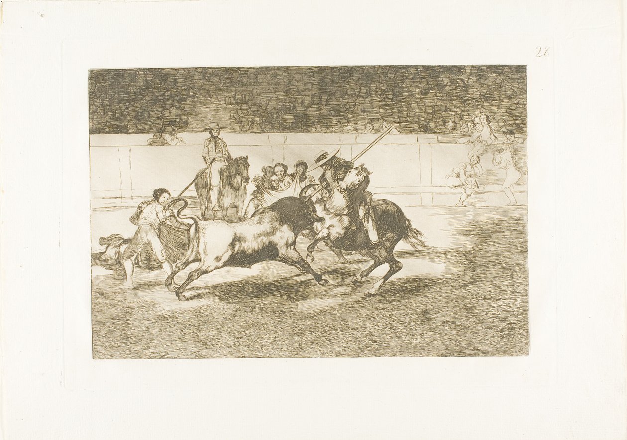Forceful Rendón puukottaa härkää piquen kanssa, josta Pass hän kuoli kehässä Madridissa, levy 28 julkaisusta The Art of Bullfighting tekijältä Francisco Jose de Goya y Lucientes