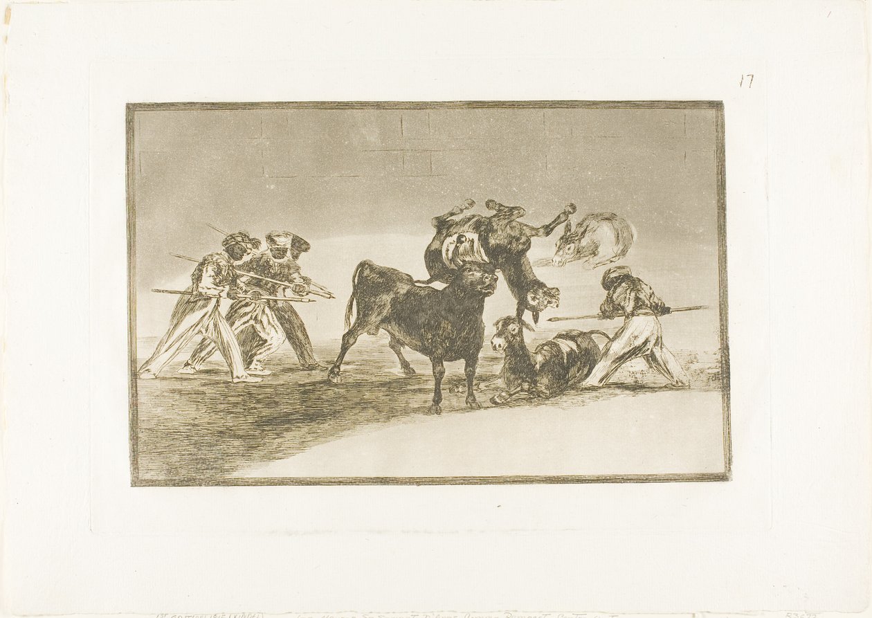 Maurit käyttävät aaseja esteenä puolustaakseen itseään härkää vastaan, jonka sarvet on kärjetty palloilla, levy 17 julkaisusta The Art of Bullfighting tekijältä Francisco Jose de Goya y Lucientes
