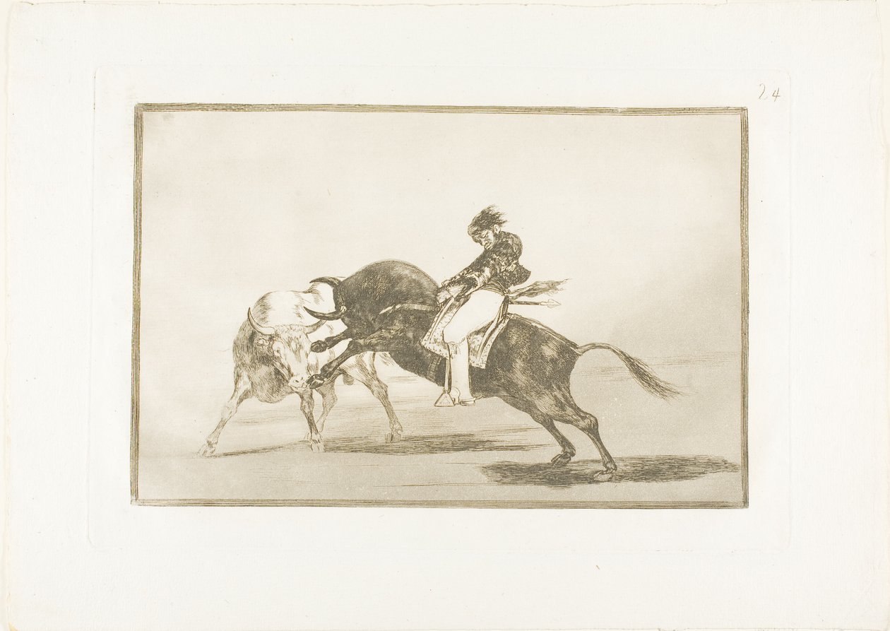 Sama Ceballos, asennettuna toiseen härkään, murtaa lyhyitä keihää kehässä Madridissa, levy 24 teoksesta The Art of Bullfighting tekijältä Francisco Jose de Goya y Lucientes