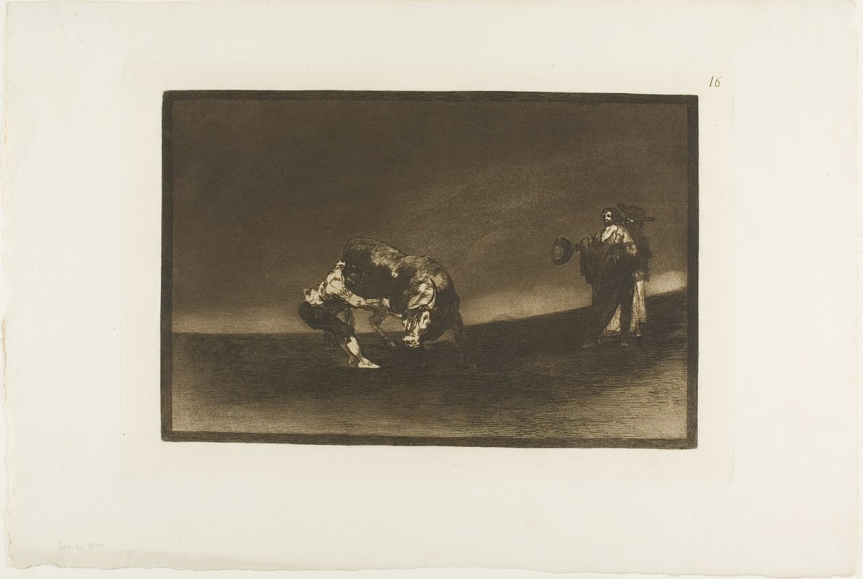 Sama mies heittää härän kehään Madridissa, levy 16 teoksesta The Art of Bullfighting tekijältä Francisco Jose de Goya y Lucientes