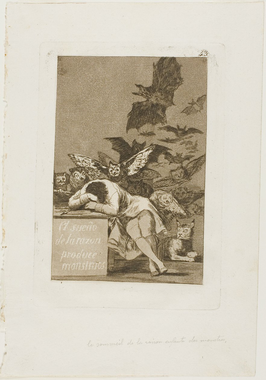 The Sleep of Reason tuottaa hirviöitä, levy 43 Los Caprichosilta tekijältä Francisco Jose de Goya y Lucientes