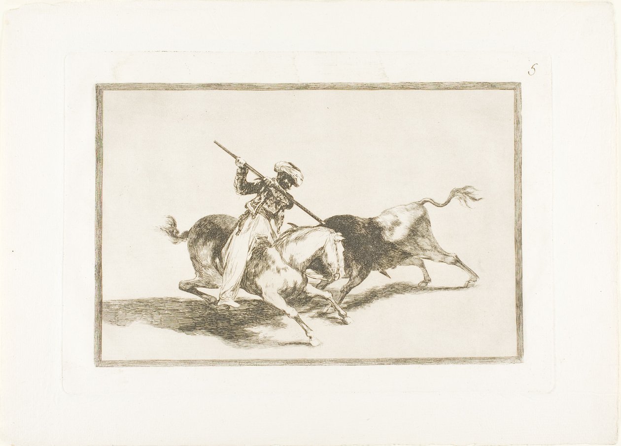 Hengellinen mauri Gazul on ensimmäinen, joka keihää sonnien sääntöjen mukaan, levy viisi teoksesta The Art of Bullfighting tekijältä Francisco Jose de Goya y Lucientes