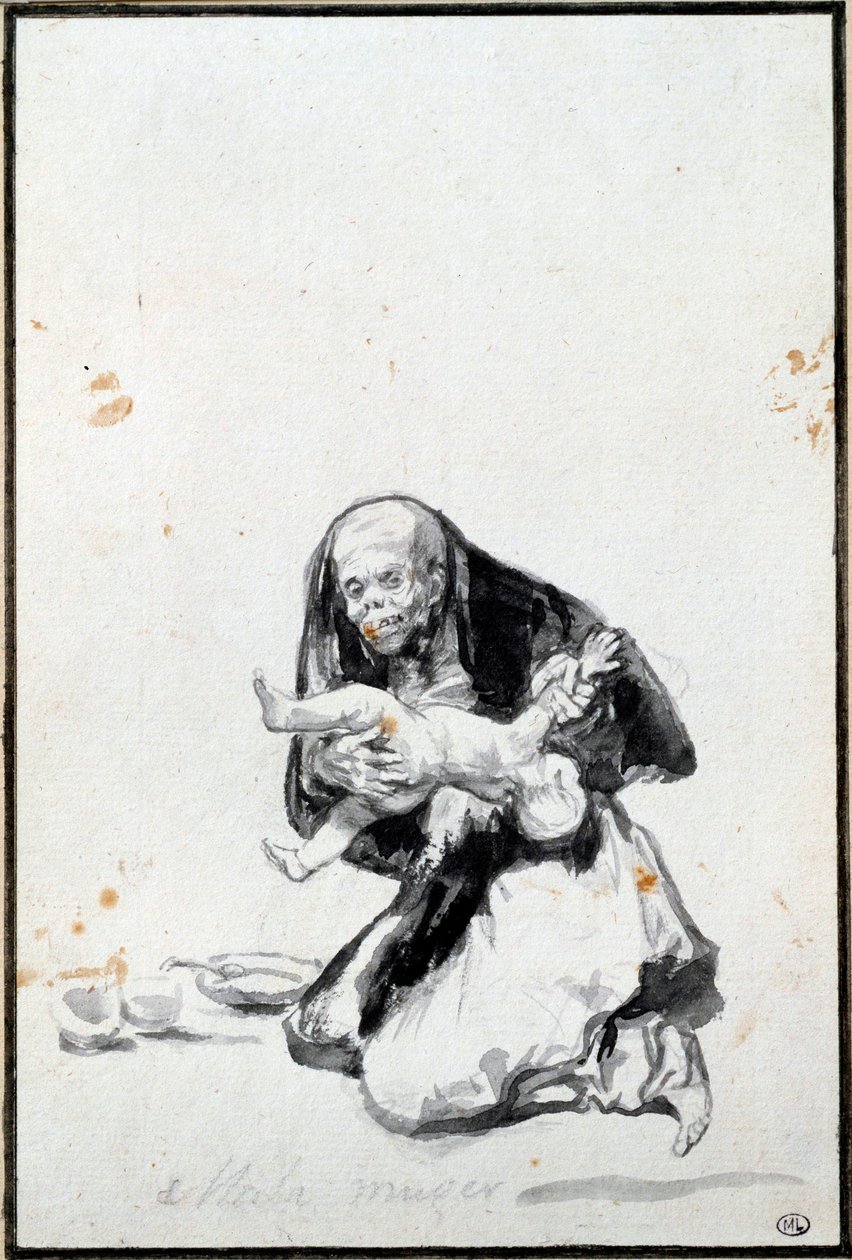 Paha nainen (Mala mujer). Paha nainen. Antropofagian kohtaus, noita nielee lapsen. Harmaa pesu, Francisco Goya y Lucientes (1746-1828) Sun. 0,21 x 0,14 m Pariisi, musee du Louvre tekijältä Francisco de Goya