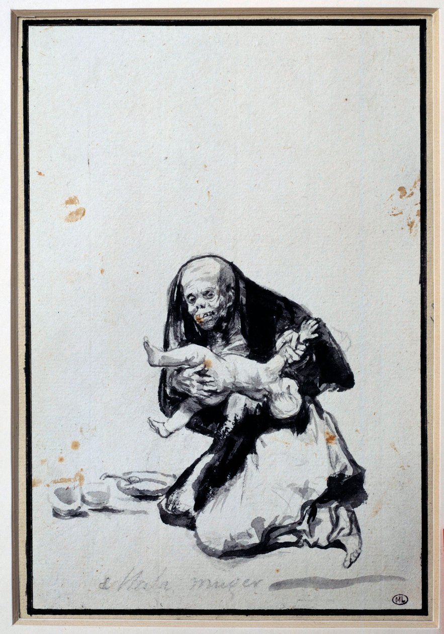 Väärä nainen antropofagiakohtaus, noidalla on lapsi. Harmaa pesu, Francisco Goya y Lucientes (1746-1828) Sun. 0,21 x 0,14 m Pariisi, musee du Louvre tekijältä Francisco de Goya