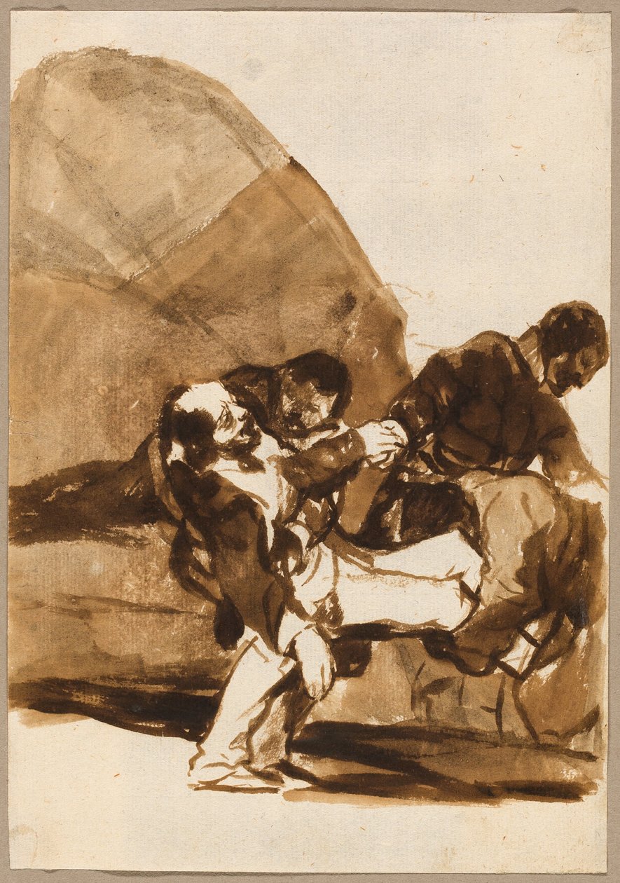Kolme miestä kantamassa haavoittunutta sotilasta, kuvista Espanja, albumi F tekijältä Francisco Jose de Goya y Lucientes