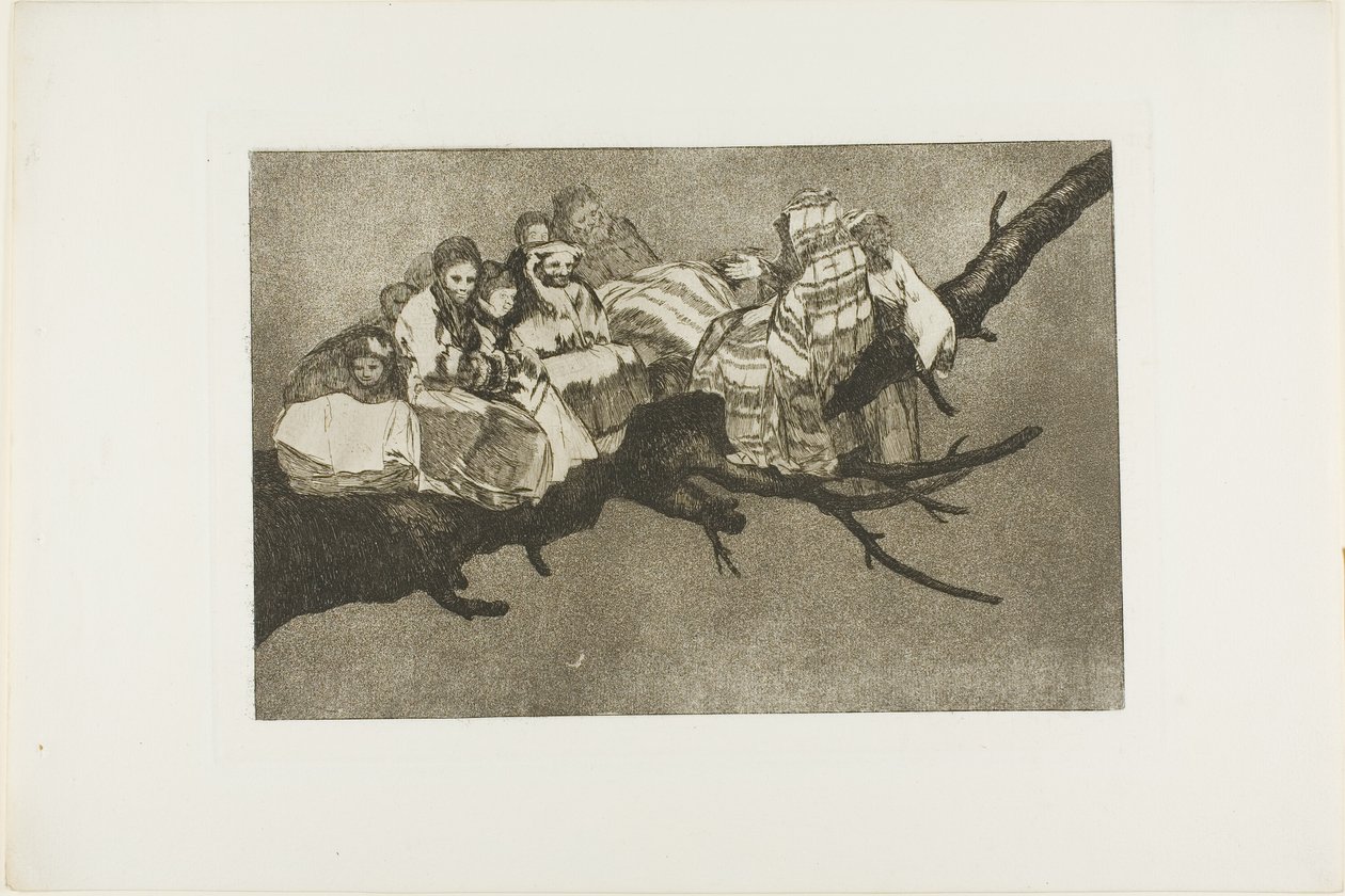 Käydä haarojen välissä, eli puhua hattunsa läpi, levy kolme Los Proverbiosista. tekijältä Francisco Jose de Goya y Lucientes