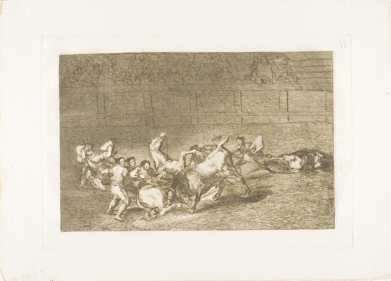 Kaksi pikadoriryhmää, joita yksi härkä heittää peräkkäin, levy 32 Härkätaistelun taidosta tekijältä Francisco Jose de Goya y Lucientes