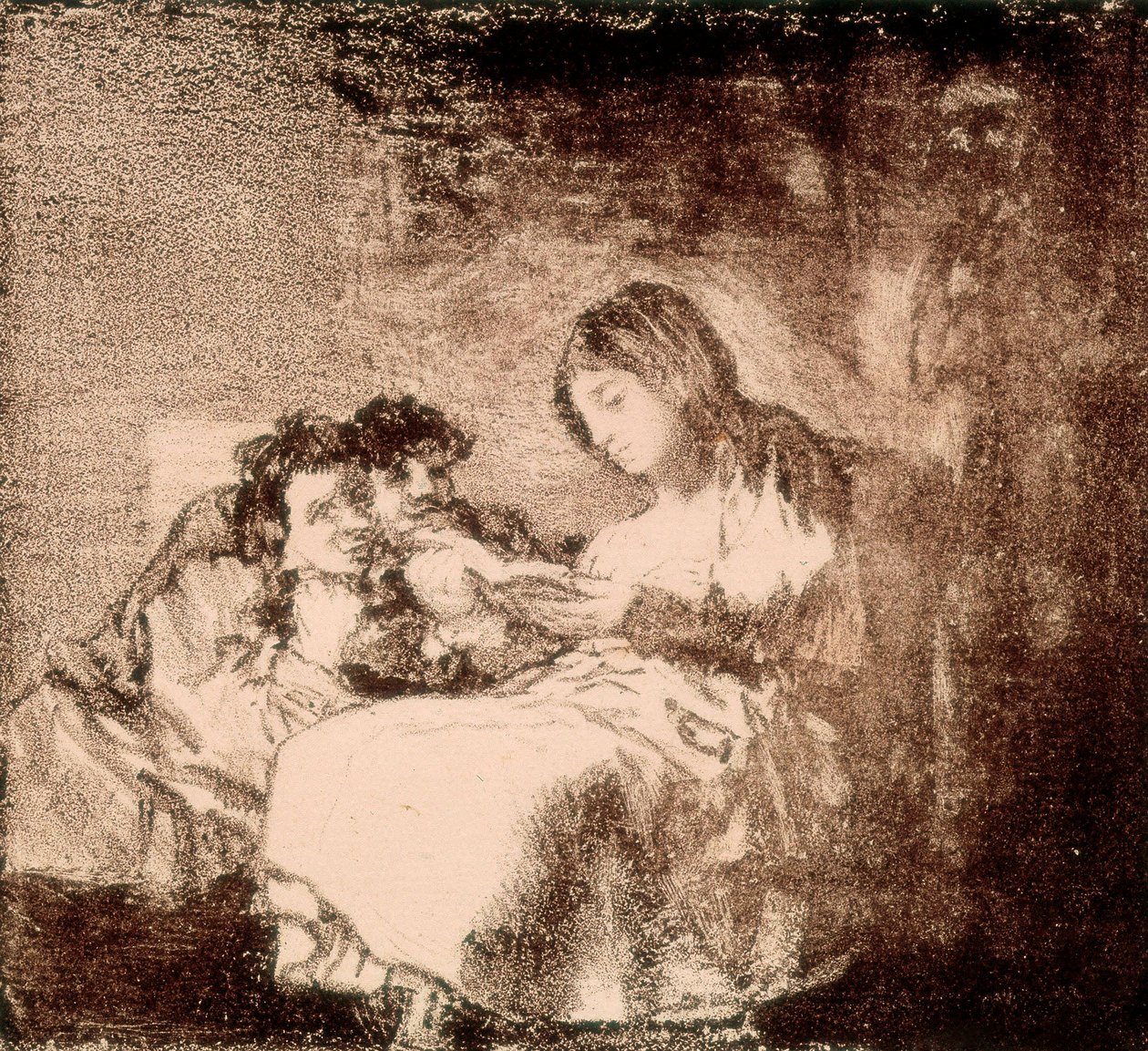 ""Nainen lukee tarinaa kahdelle lapselle"" Francisco de Goya y Lucientesin (1746-1828) litografia. 1819-1822. Madrid. Kansalliskirjasto tekijältä Francisco Jose de Goya y Lucientes