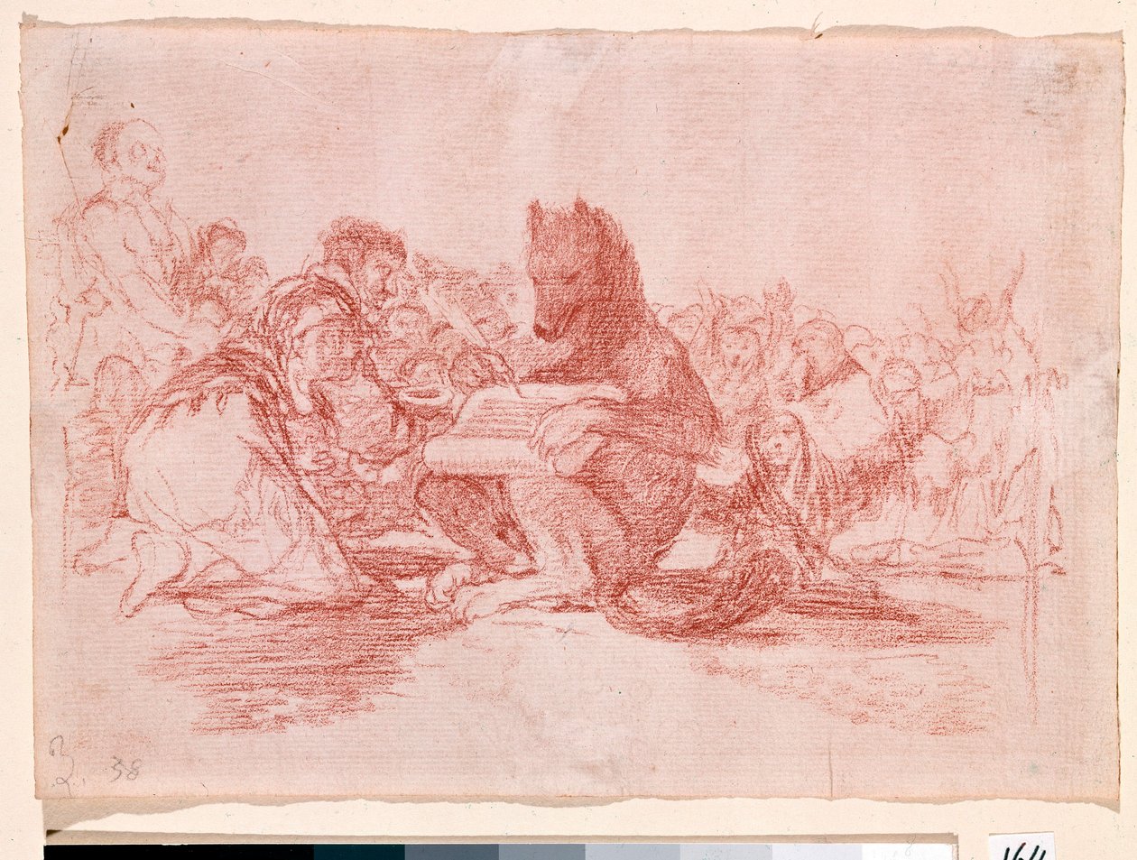 War Destres: "Tämä on pahin"". Espanjan Ferdinand VII:n monarkian kannattajien edustus eläiminä. Valmistelupiirros punaisella kynällä Francisco de Goya y Lucientesin (1746-1828) etsaukseen n.74. 1810-1812. Madrid. Pradon museo tekijältä Francisco de Goya