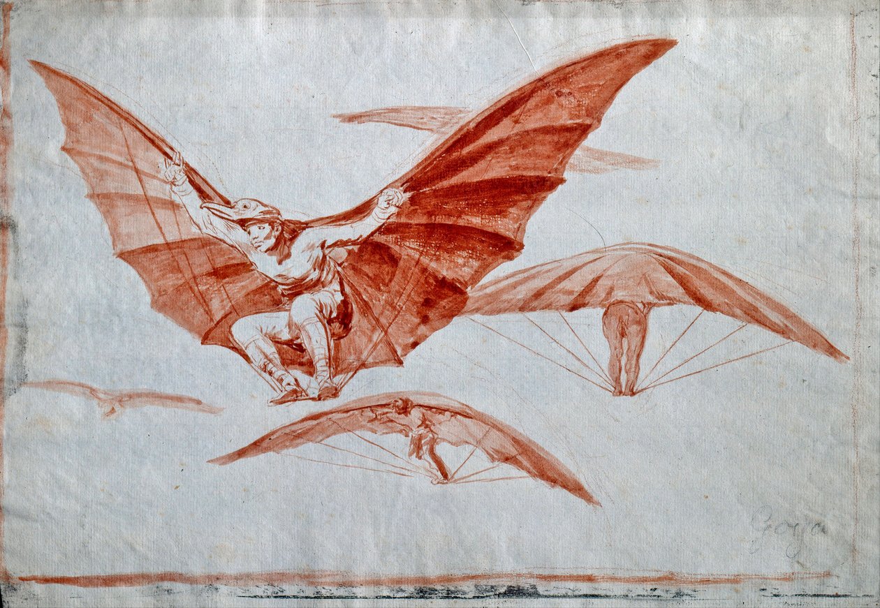 ""Lentämistapoja"" Facons de voler Dessin a la sanguine sur papier, kirjoittanut Francisco de Goya (1746-1828) - 1816 Koko 24,5x34,8 cm Museo Lazaro Galdiano, Madrid tekijältä Francisco Jose de Goya y Lucientes
