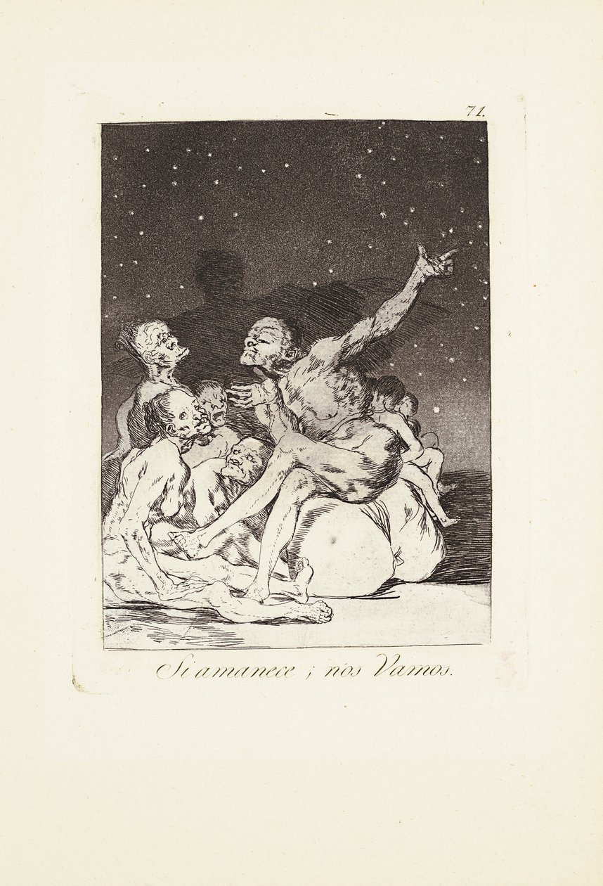 Päivän tauon jälkeen lähdemme pois (Si amanece; nos vamos) Lauta 71 alkaen: Los Caprichos tekijältä Francisco Jose de Goya y Lucientes
