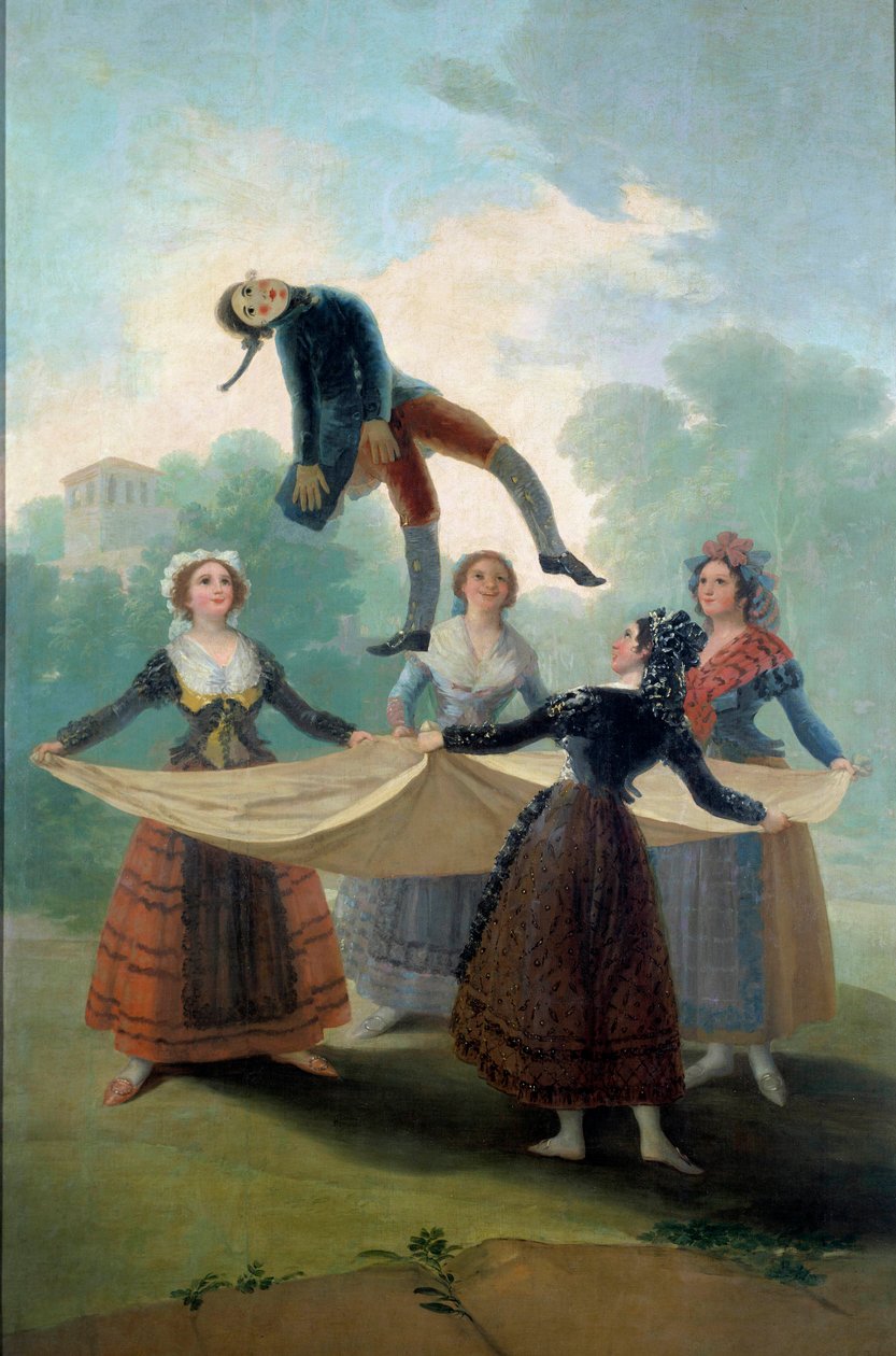 Nuorten naisten nukke heittää ilmaan kankaalla räsynukkea. Francisco de Goyan (1746-1828) maalaus 1792, su. 1,6x2,67 m Madrid, Musee du Prado - Nukke. Nuoret tytöt oksentavat räsynukkea lakanalla. Francisco de Goyan maalaus (1746-1828 tekijältä Francisco de Goya