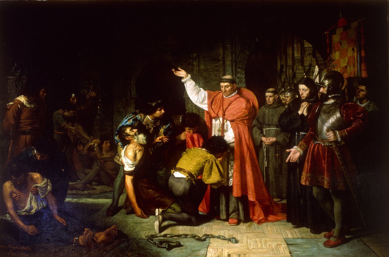 Kardinaali Francisco Jimenez de Cisnerosin (1436-1517) Oranin kristittyjen vankien vapauttaminen Jover y Casanovassa, Franciscossa (1836-1890) tekijältä Francisco Jover y Casanova
