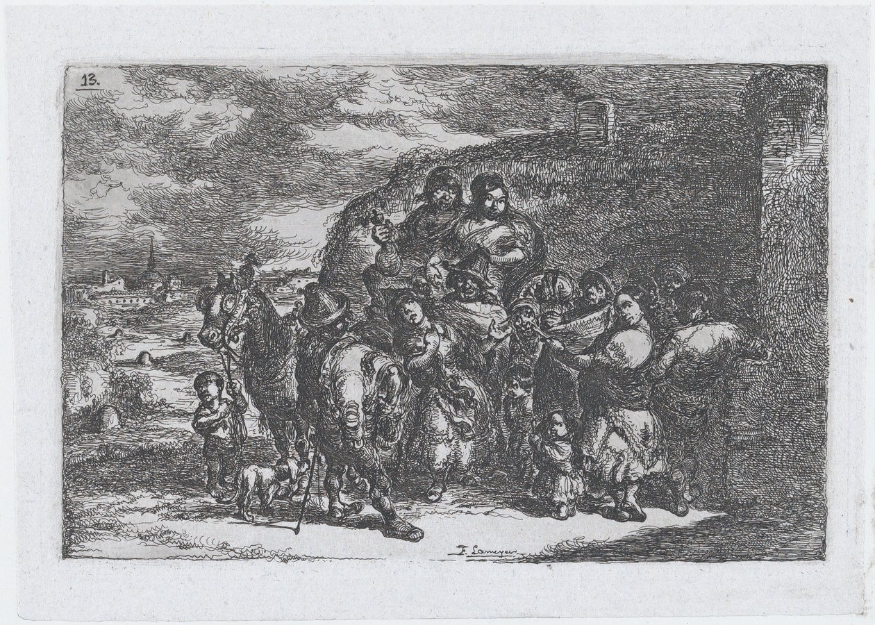 Levy 13: ryhmä ihmisiä ulkona, mukaan lukien mahdollisesti muusikot, sarjasta Cust..., 1850. tekijältä Francisco Lameyer Berenguer