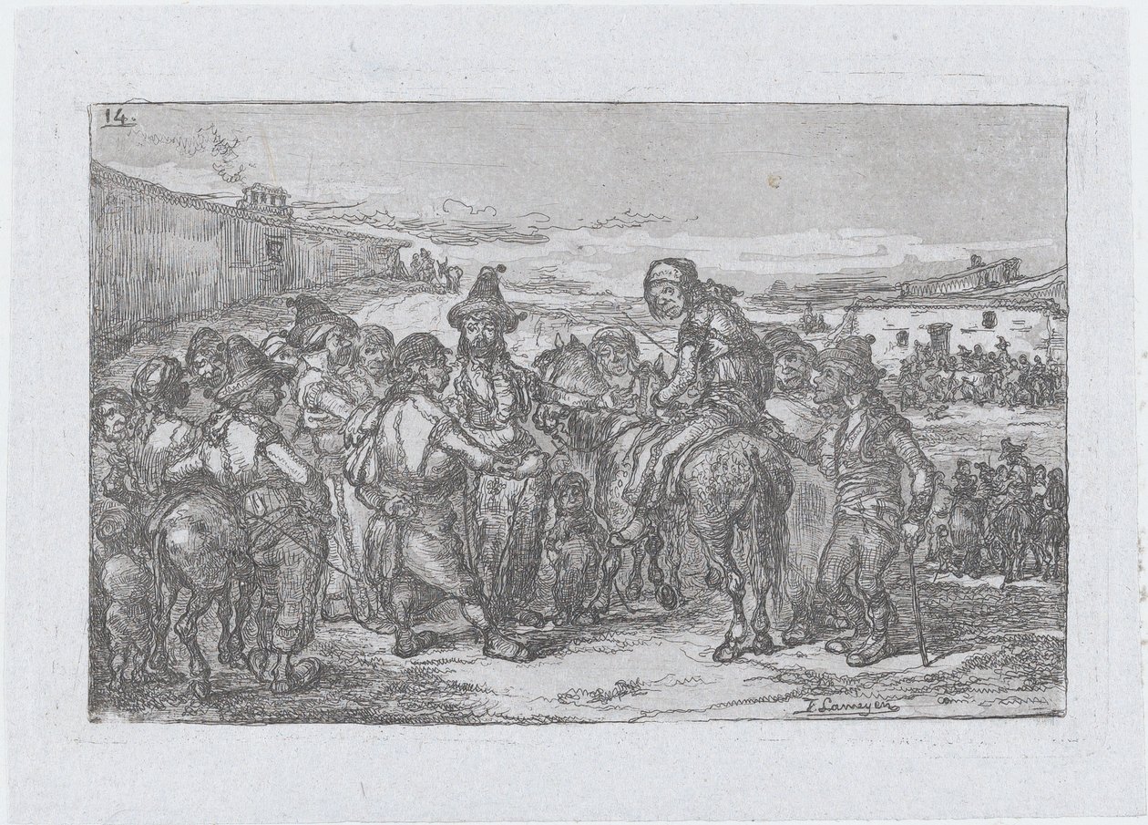 Levy 14: suuri joukko ihmisiä ulkona, mahdollisesti näyttelijäryhmä, sarjasta o..., 1850. tekijältä Francisco Lameyer Berenguer