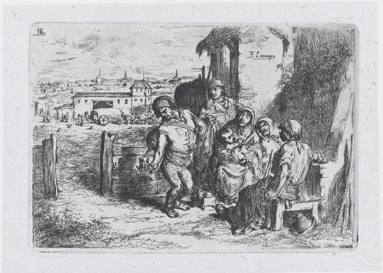 Levy 16: ryhmä ihmisiä ulkona, mukaan lukien mies, joka kaataa viiniä tai vettä astiasta ..., 1850. tekijältä Francisco Lameyer Berenguer