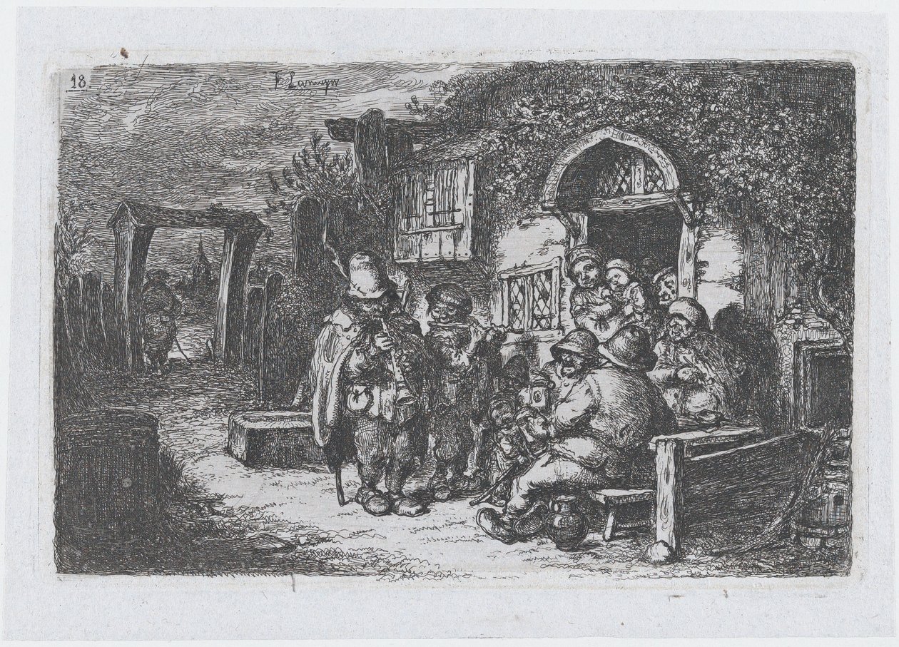 Levy 18: katumuusikot ja muut hahmot tavernan ulkopuolella, sarjasta tulli ..., 1850. tekijältä Francisco Lameyer Berenguer