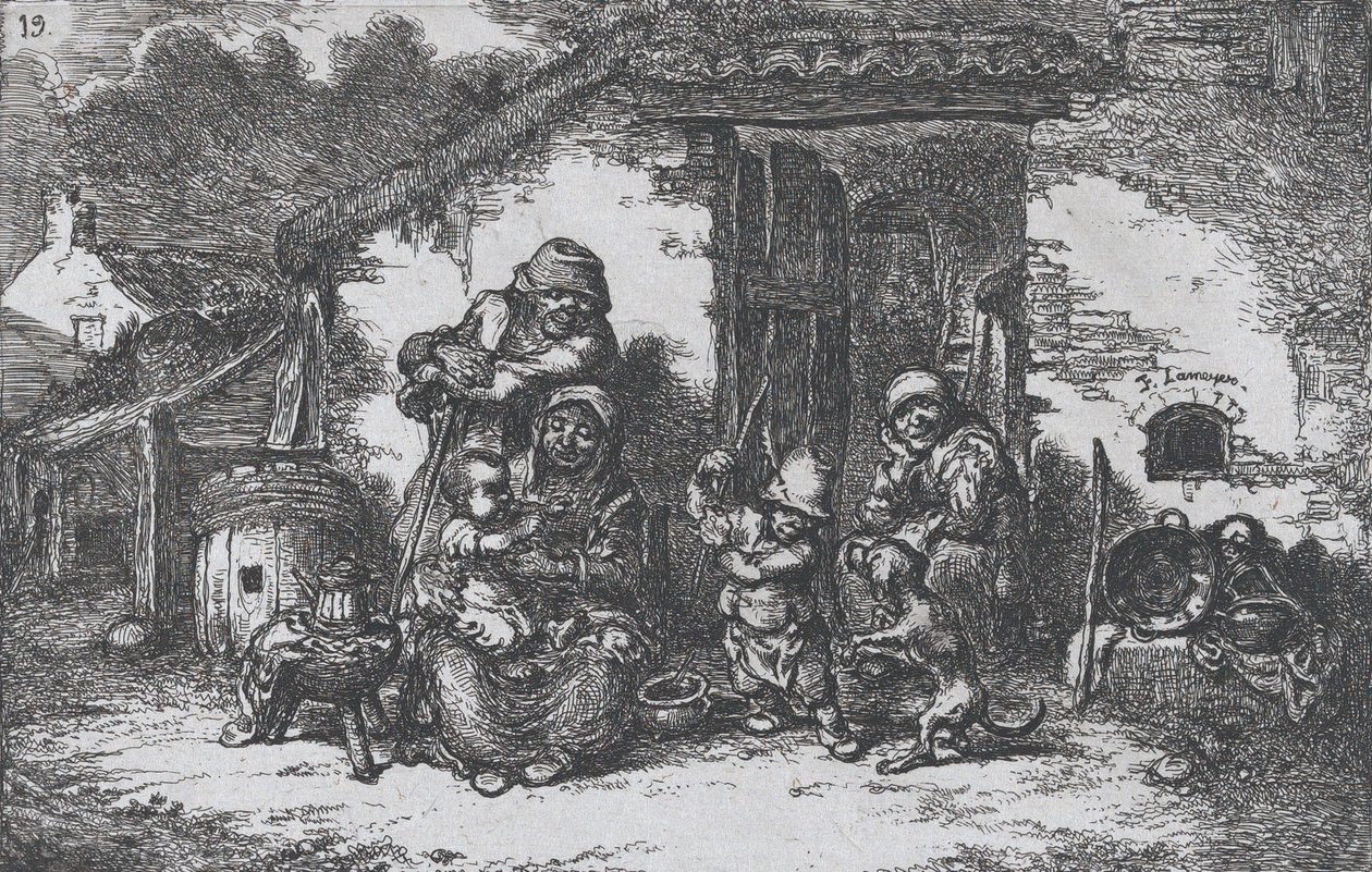 Levy 19: perhe ja poika leikkimässä koiran kanssa talon ulkopuolella, sarjasta Custom..., 1850. tekijältä Francisco Lameyer Berenguer