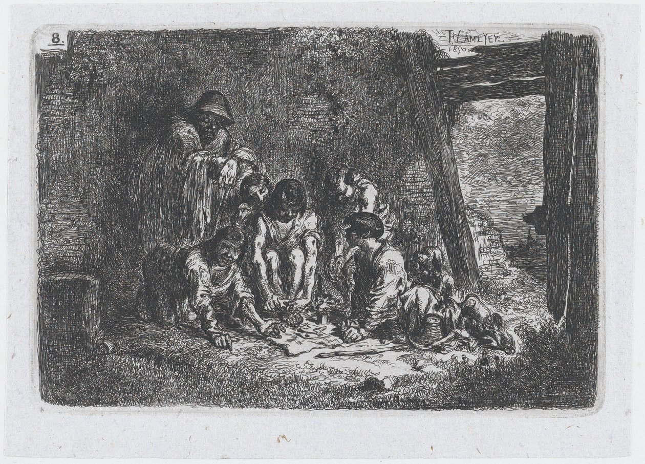 Levy 8: joukko hahmoja, joista jotkut pelaavat peliä, sarjasta Tulli ja..., 1850. tekijältä Francisco Lameyer Berenguer