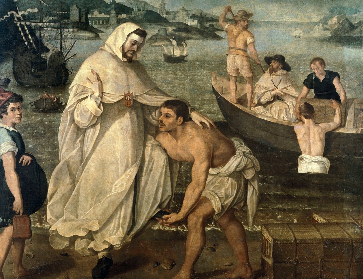 Pyhä Pietari Nolasque (1189-1256) lähtee vapauttamaan maurilaisten merirosvojen panttivankeina pitämiä kristittyjä vankeja myydäkseen orjiksi Afrikassa (maalaus) tekijältä Francisco Pacheco