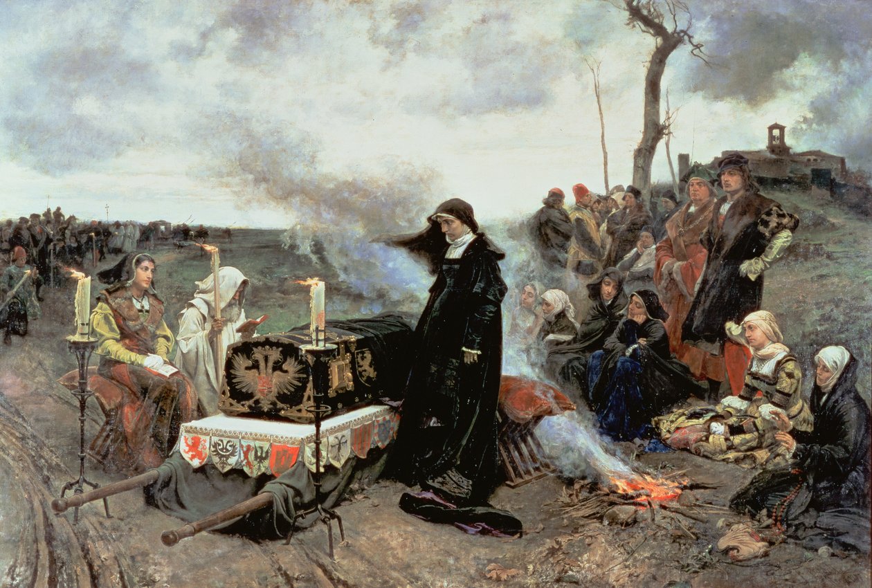 Joanna Hullu (1479-1555) Philip Komean (1478-1506) arkun mukana Cartuja de Mirafloresissa Granadassa, 1877 tekijältä Francisco Pradilla y Ortiz