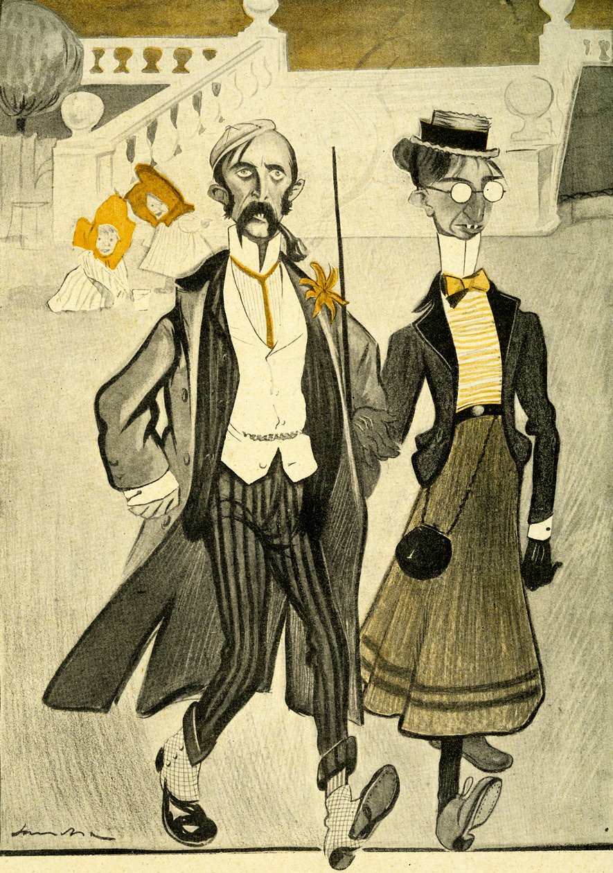 Englantilaista pariskuntaa Ranskassa pilkataan omituisen muotitajunsa vuoksi, 1903 tekijältä Francisco Sancha y Lengo