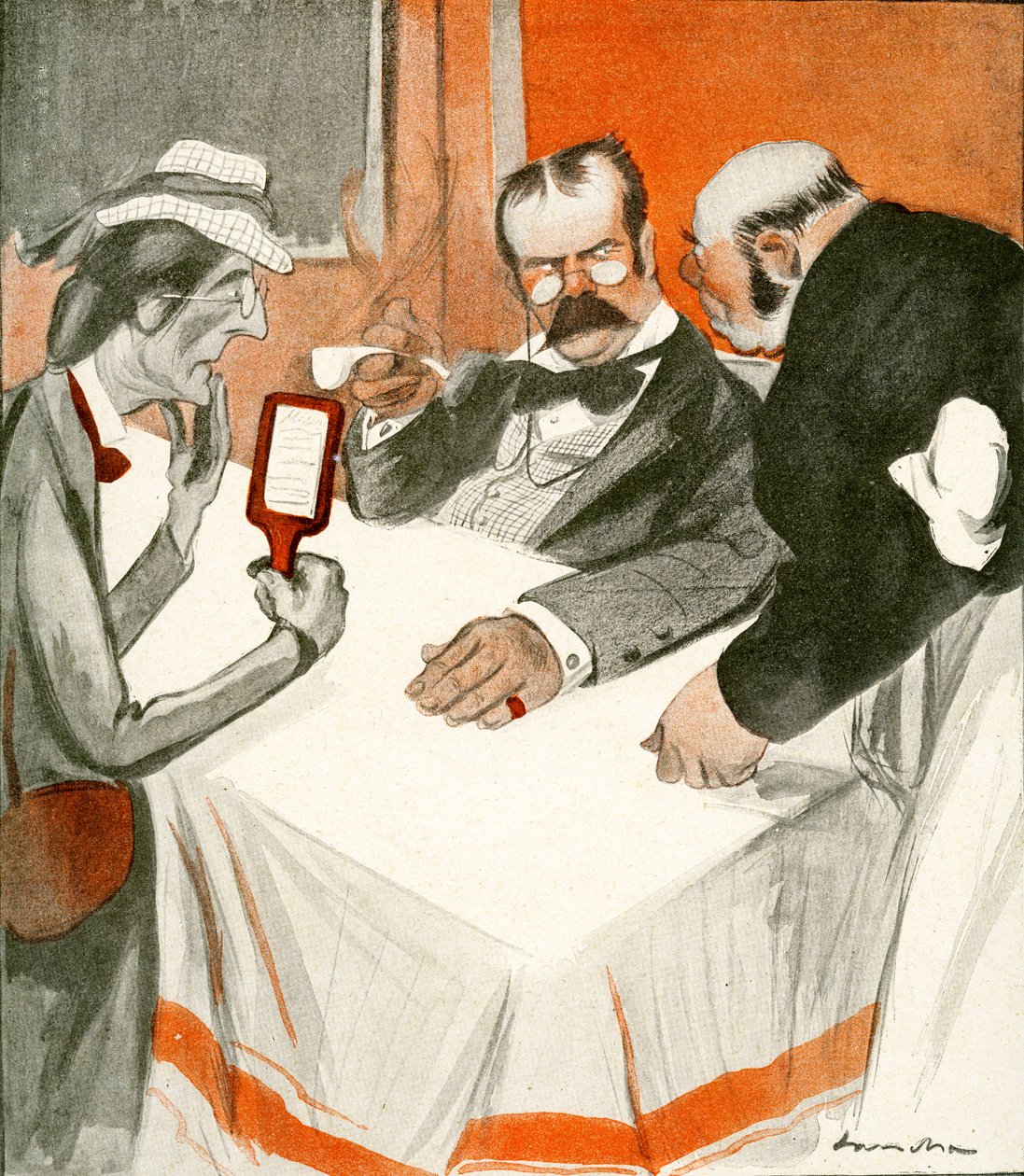 Englantilainen pariskunta kamppailee ruokalistan kanssa ranskalaisessa ravintolassa, 1903 tekijältä Francisco Sancha y Lengo