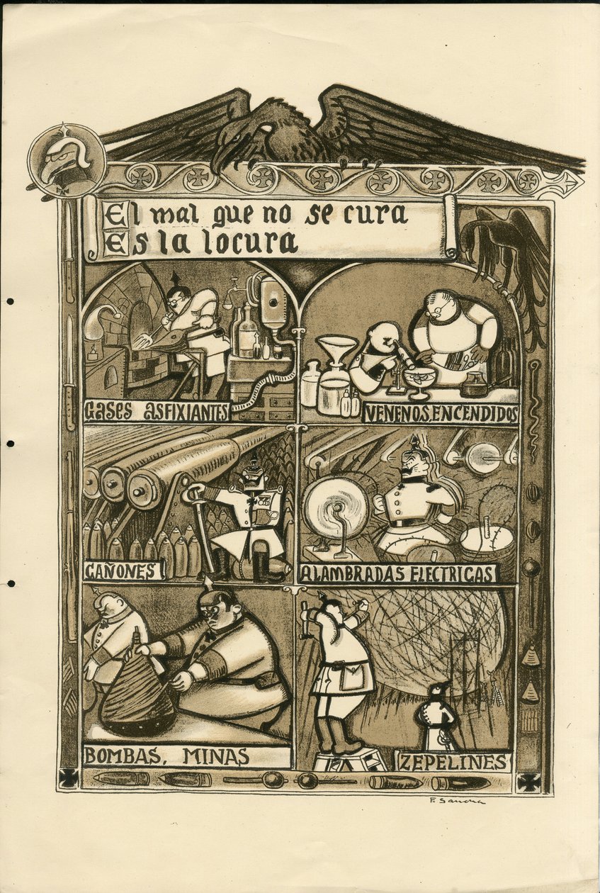 Kuvitus Francisco Sancha Lengo (1874-1936) - Lentävä lehti, noin 1915 - Pahuus, jota ei voida parantaa, on hulluus - Sota 14-18, Saksa Preussi, Asphixiant kaasu, espanjan kieli, Ulkomainen lehdistö tekijältä Francisco Sancha y Lengo