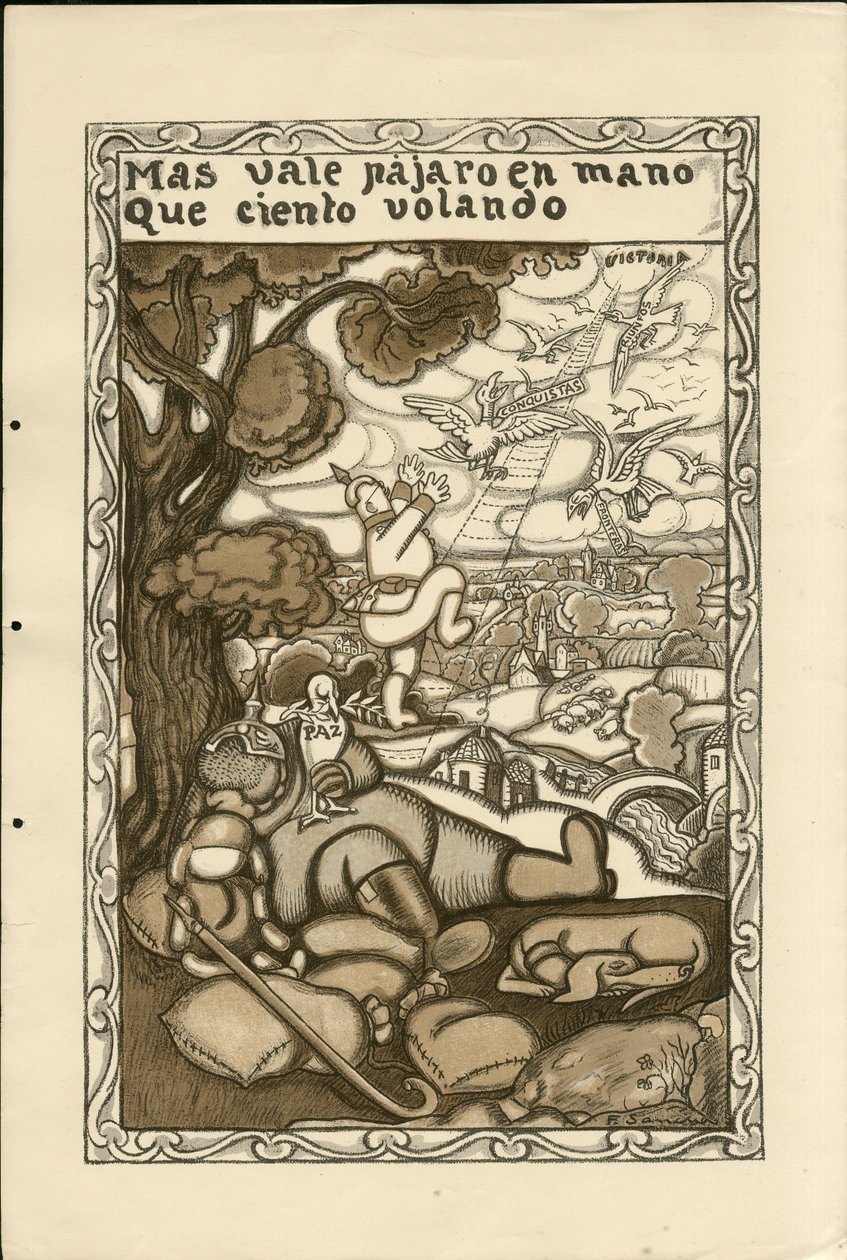Kuva Francisco Sancha Lengosta (1874-1936) - Flying Leaf, n. 1915 - Arvokkaampi lintu kädessä kuin sata lentävää - Sota 14-18, Saksa, Preussi, Sotamiehet ja symbolit, Voitto, Rauha, Espanjan kieli, Ulkomainen lehdistö tekijältä Francisco Sancha y Lengo