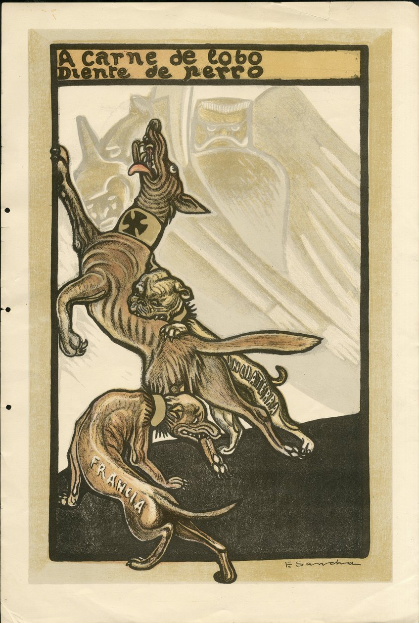 Kuva Francisco Sancha Lengosta (1874-1936) - Lentävä lehti, noin 1915 - A carne de lobo diente de perro - Sota 14-18, Saksa Preussi, Englanti Iso-Britannia, Sotamiehet ja symbolit, Ranska, espanjan kieli, ulkomainen lehdistö - William II, Koira, Hid tekijältä Francisco Sancha y Lengo