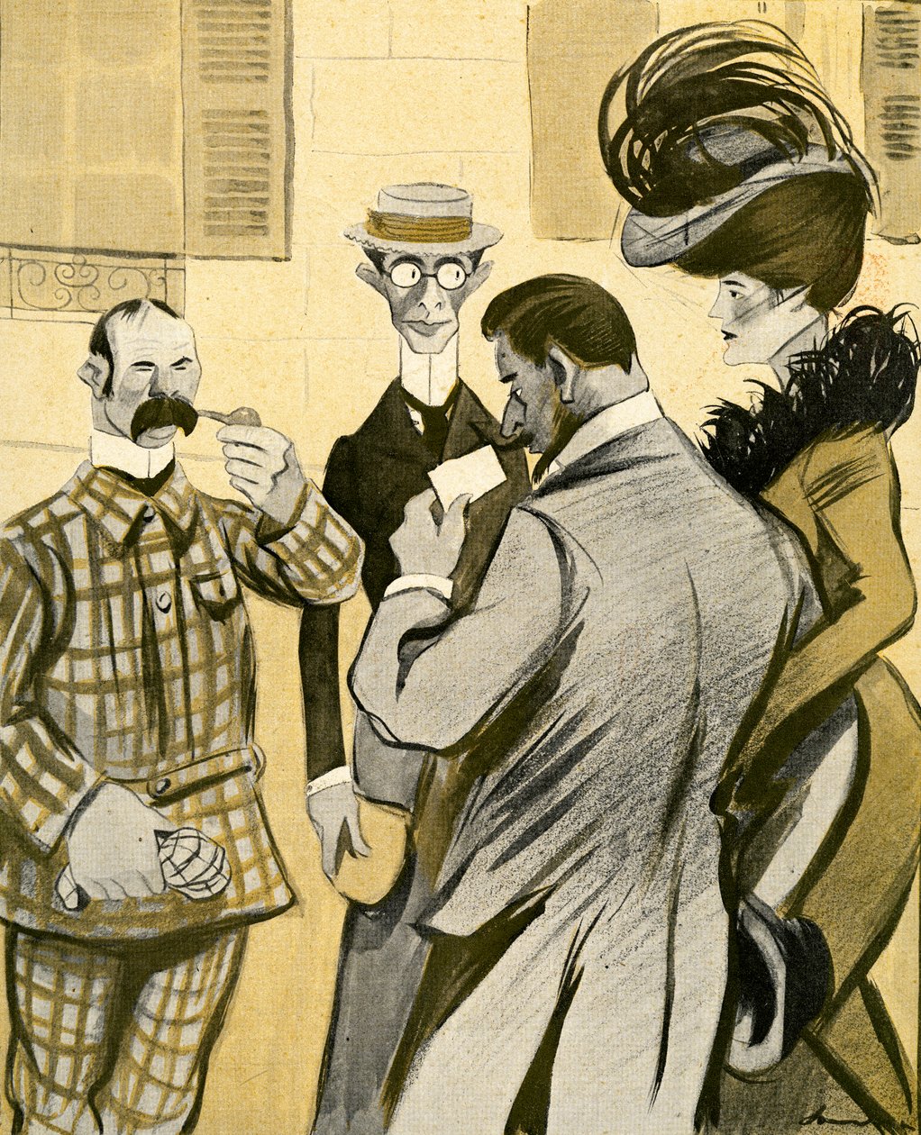 Kaksi englantilaista kysyy kömpelösti hohdokkaalta ranskalaiselta pariskunnalta ohjeita huonolla ranskalla, 1903. tekijältä Francisco Sancha y Lengo