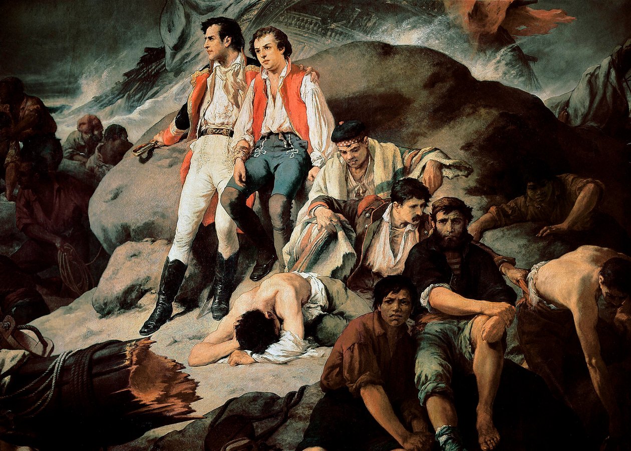 Trafalgarin taistelu vuonna 1805. Yksityiskohta Francisco Sans Cabotin (1834-1881) maalauksesta. 1862. Madrid. Senaatin palatsi tekijältä Francisco Sans y Cabot