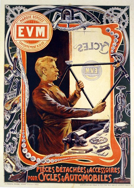 Julistemainonta E.V.M. polkupyörän tarvikkeet (väri litho) tekijältä Francisco Tamagno