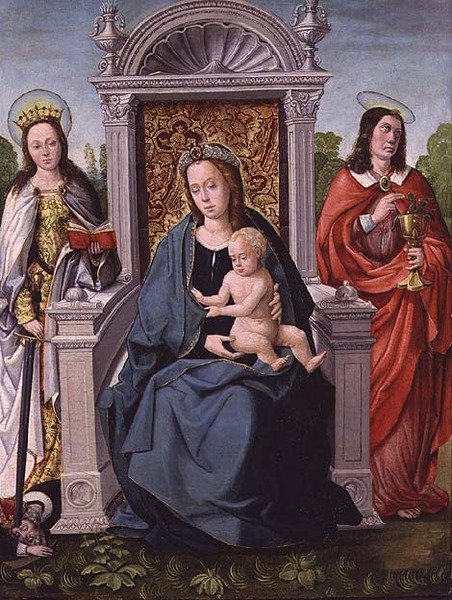 Madonna ja lapsi Pyhän Katariinan ja Pyhän Johannes evankelistan kanssa, n. 1530-1540 (paneeli) tekijältä Francisco de (attr. to) Comontes